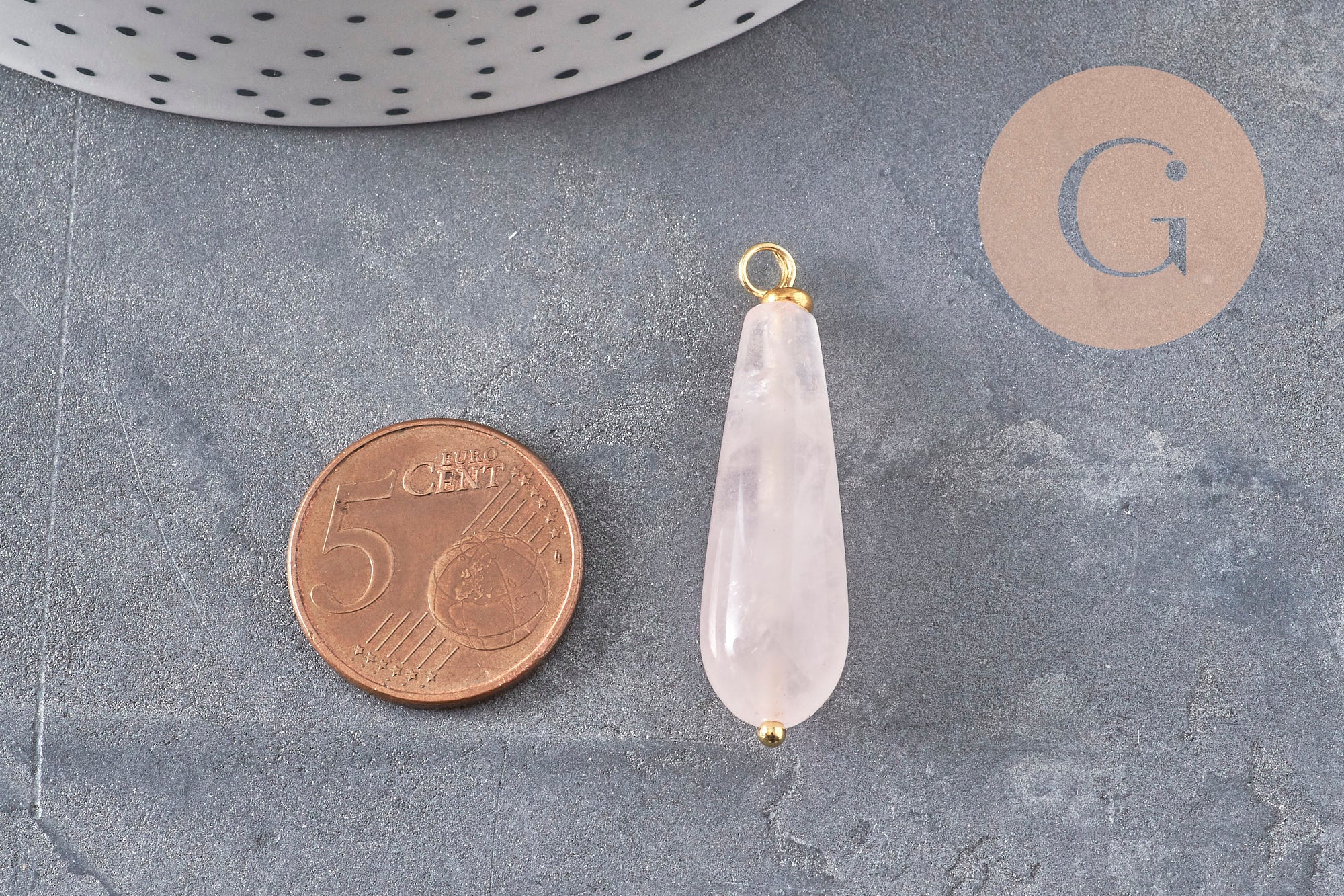 Pendentif goutte quartz rose naturel laiton & acier doré 38mm, x1 (G11052)