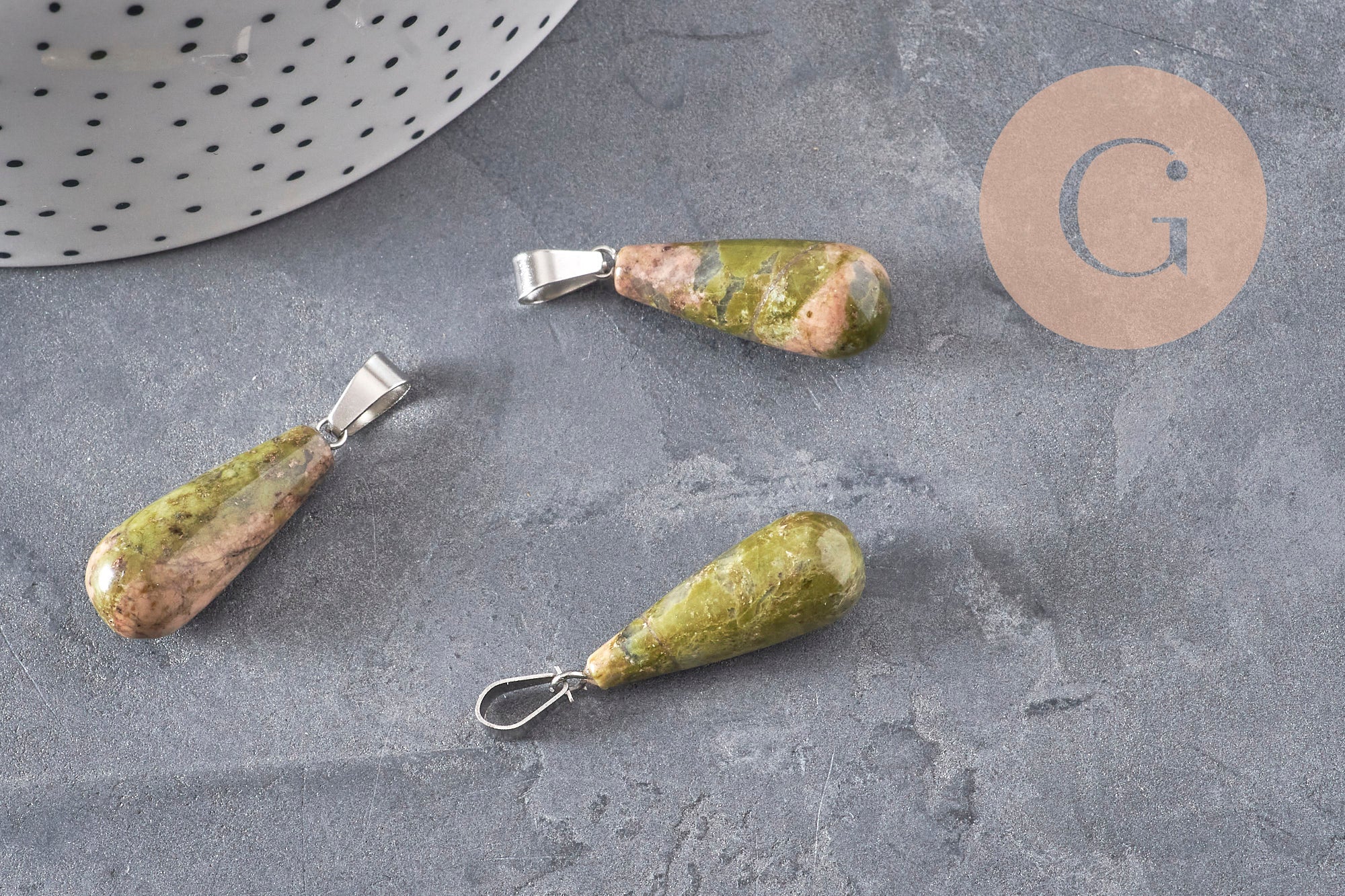 Pendentif goutte unakite vert naturel acier inoxydable platine 28mm, x1 (G11119)