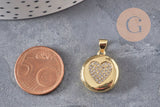 Pendentif locket rond laiton doré 18K coeur zircons 23mm, x1 (G11137)