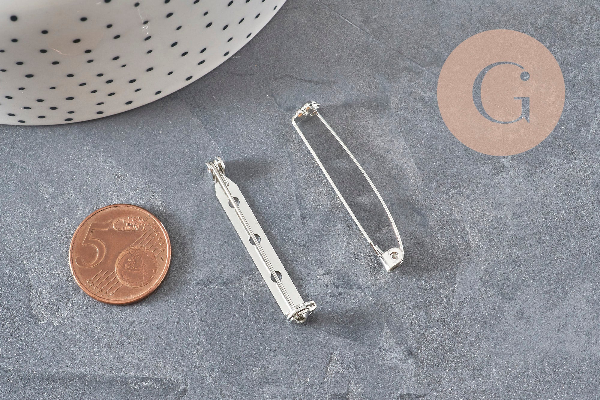 Platinum-plated flat iron pin brooch base 39.5mm, x5 (G11209)