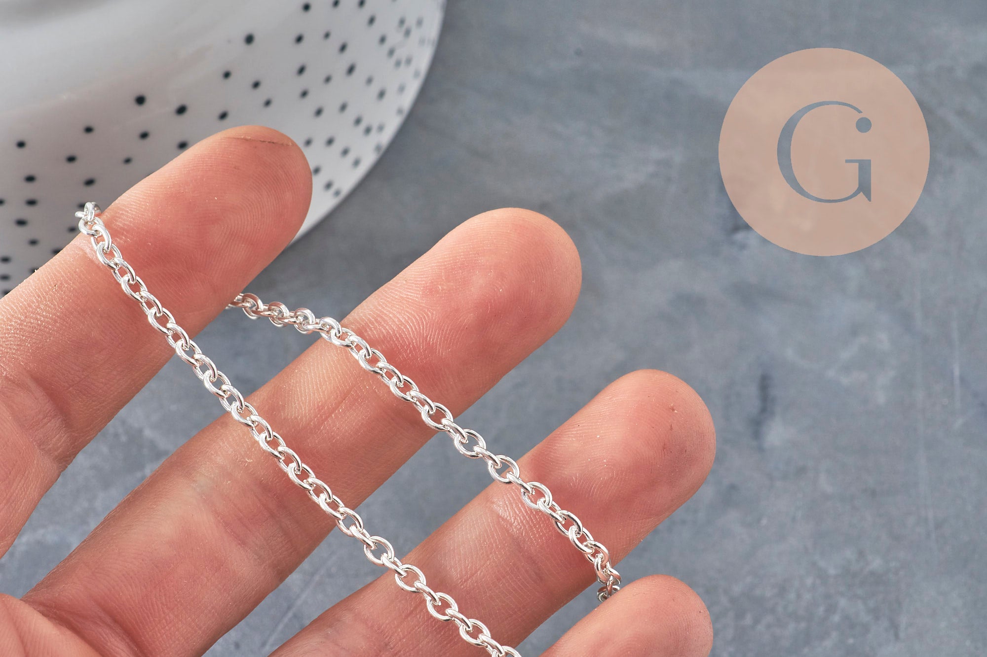 Stainless steel curb chain necklace, silver-plated, 4mm/45.5cm + extension, x1 (G11202)