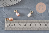 Pink peach natural freshwater pearl drop charm brass 11mm, x1 (G11275)