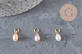Pink peach natural freshwater pearl drop charm brass 11mm, x1 (G11275)