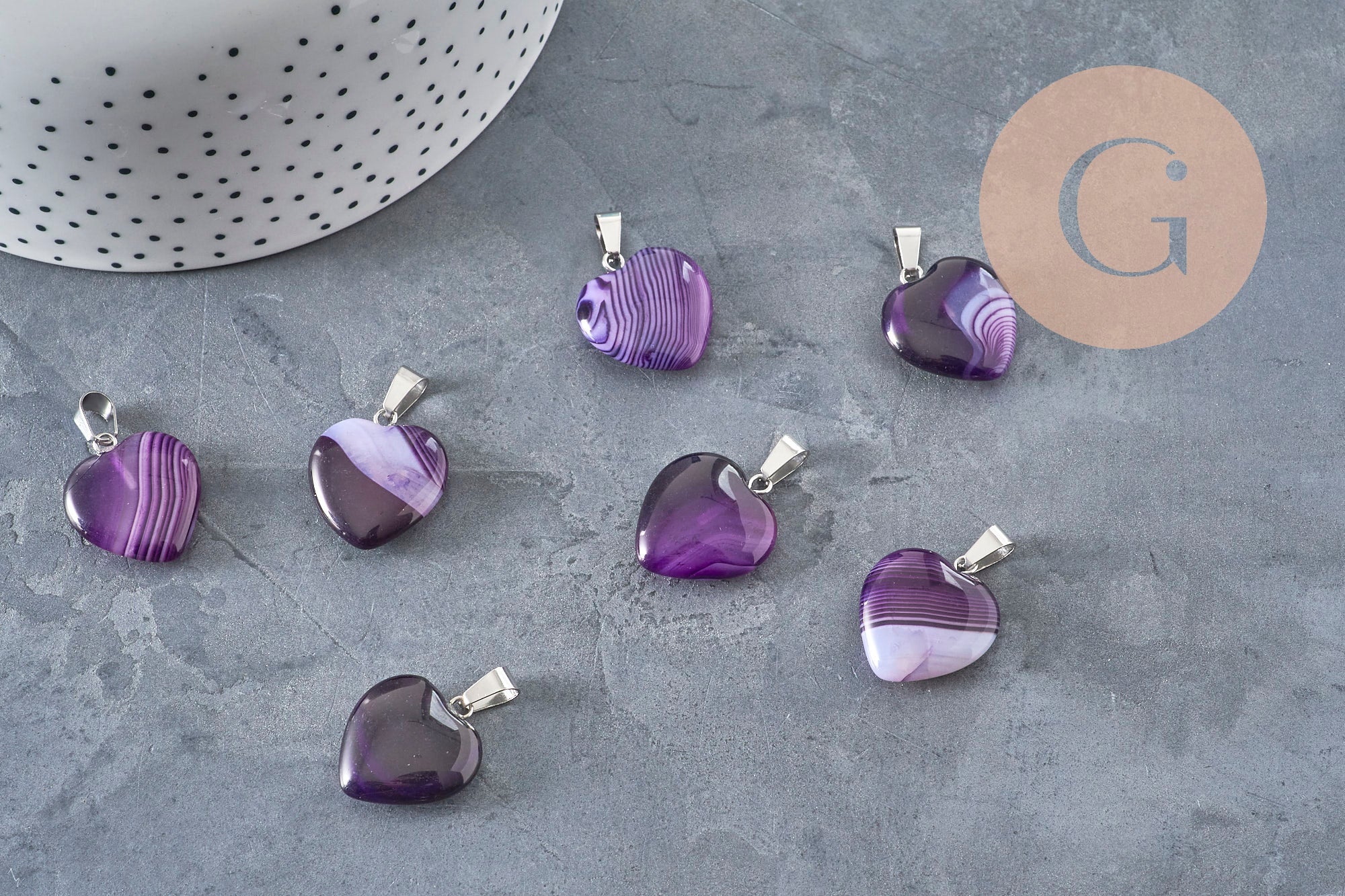 Heart pendant purple natural agate silver-plated steel 23mm, x1 VALID