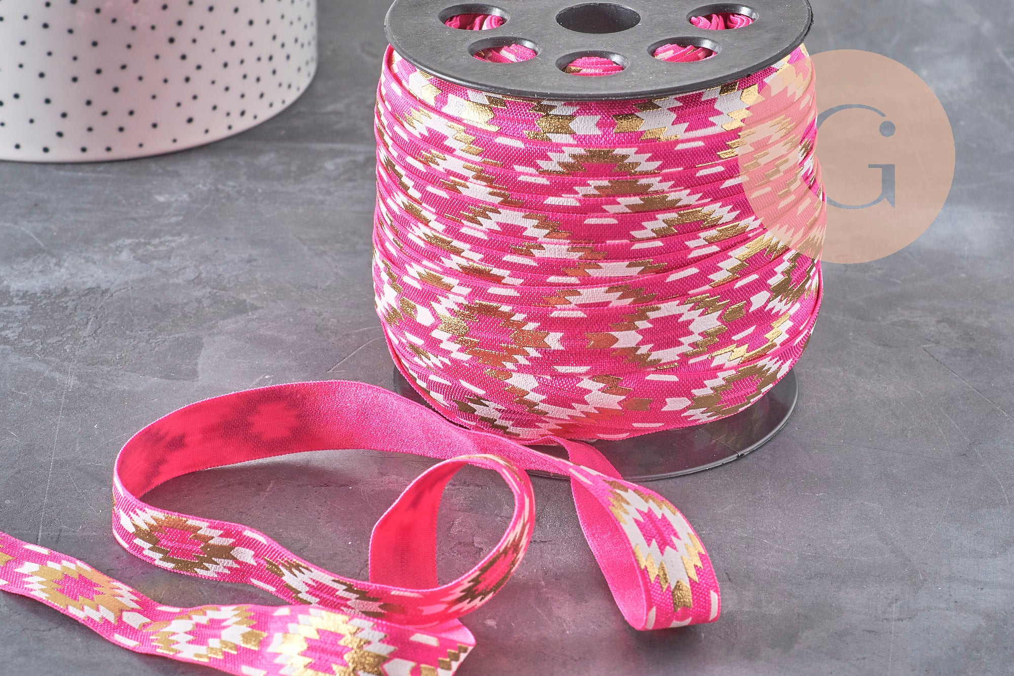 Rose gold Aztec pattern elastic ribbon 16mm, 1/5/10 Meters (G1809)