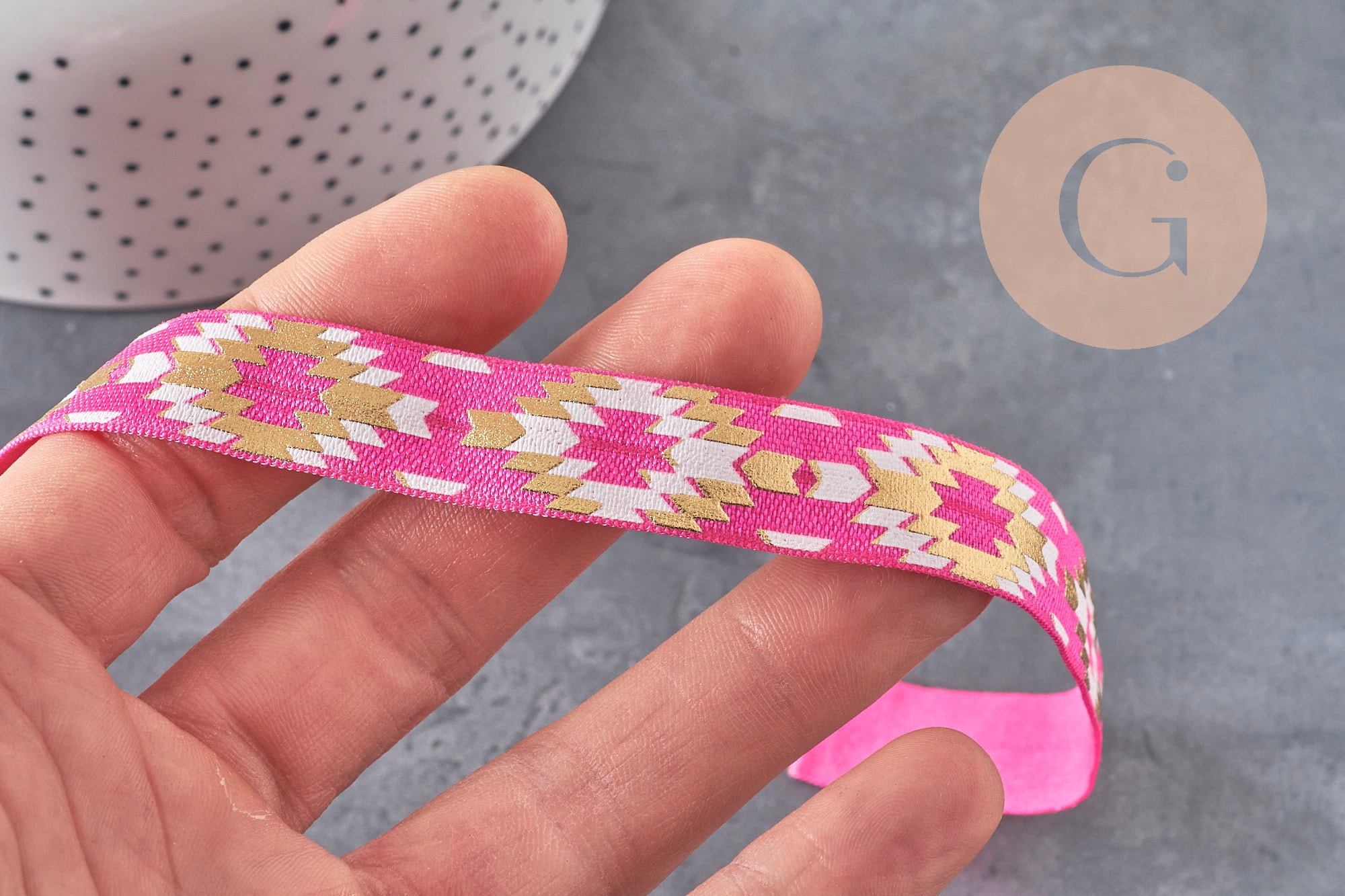 Rose gold Aztec pattern elastic ribbon 16mm, 1/5/10 Meters (G1809)