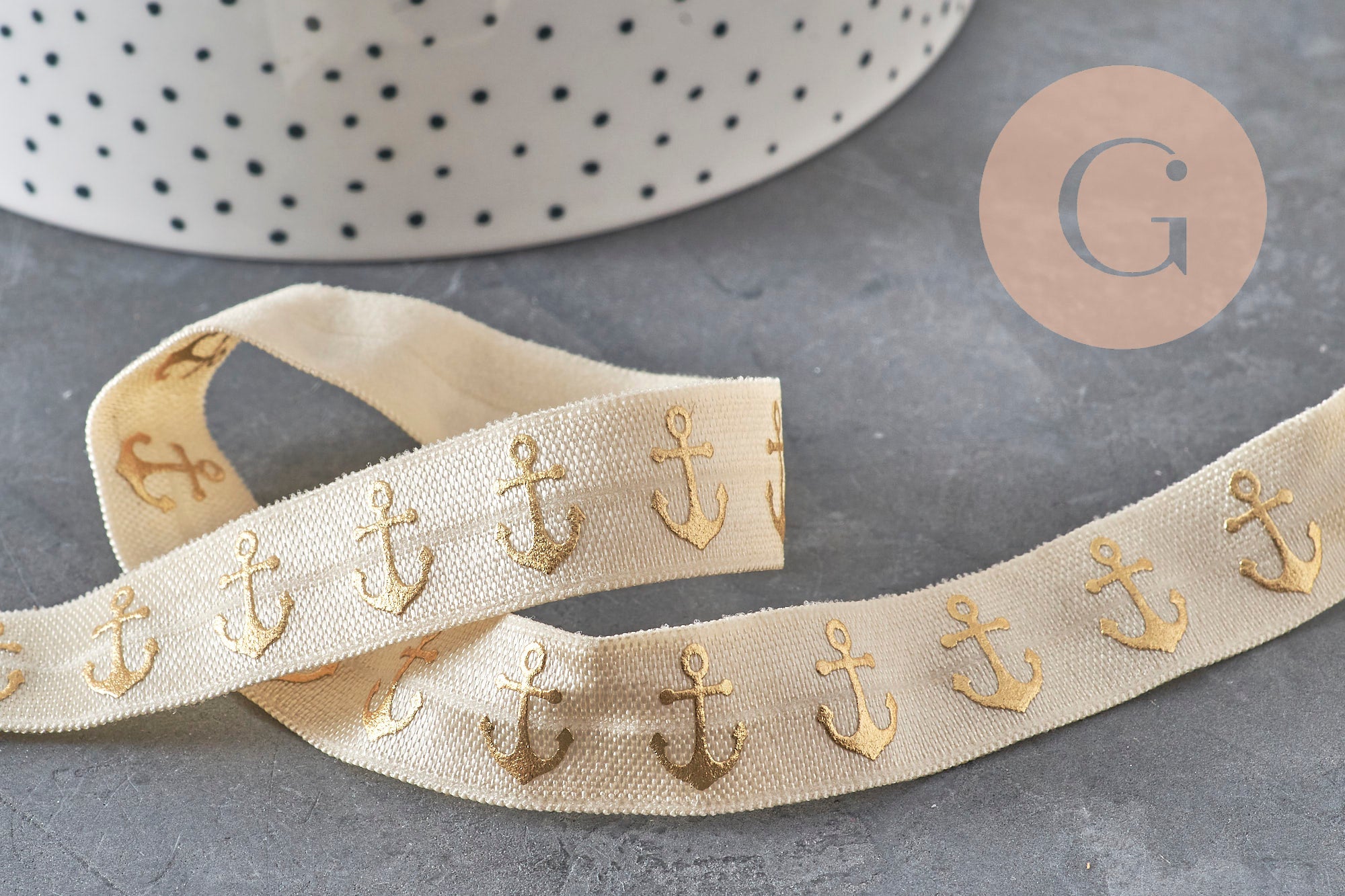 Ecru elastic ribbon with gold anchor 16mm, x1/5/10 Metres (G1849)