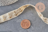 Ecru elastic ribbon with gold anchor 16mm, x1/5/10 Metres (G1849)