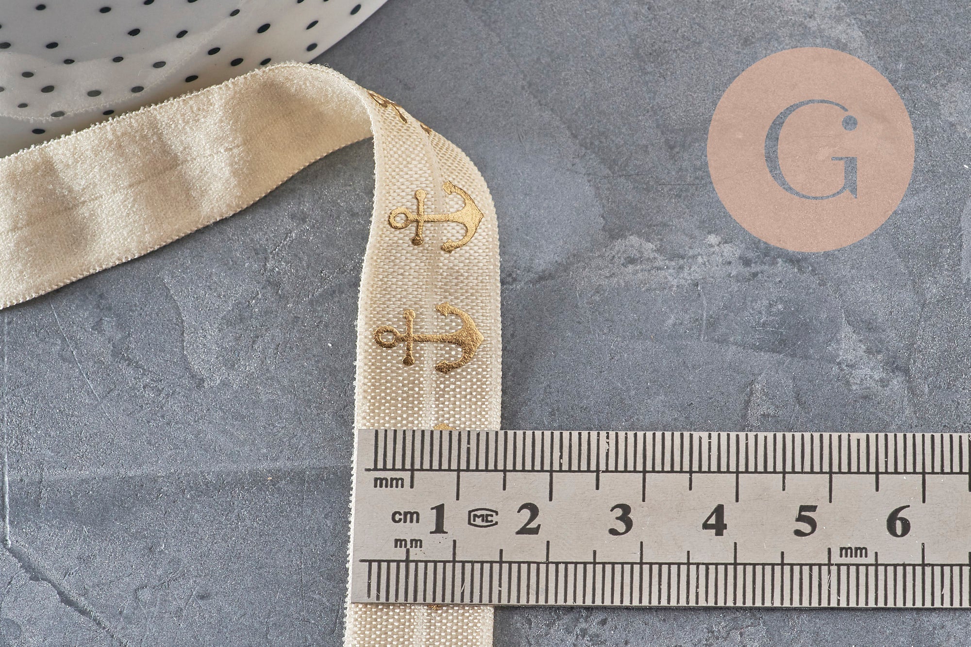 Ecru elastic ribbon with gold anchor 16mm, x1/5/10 Metres (G1849)