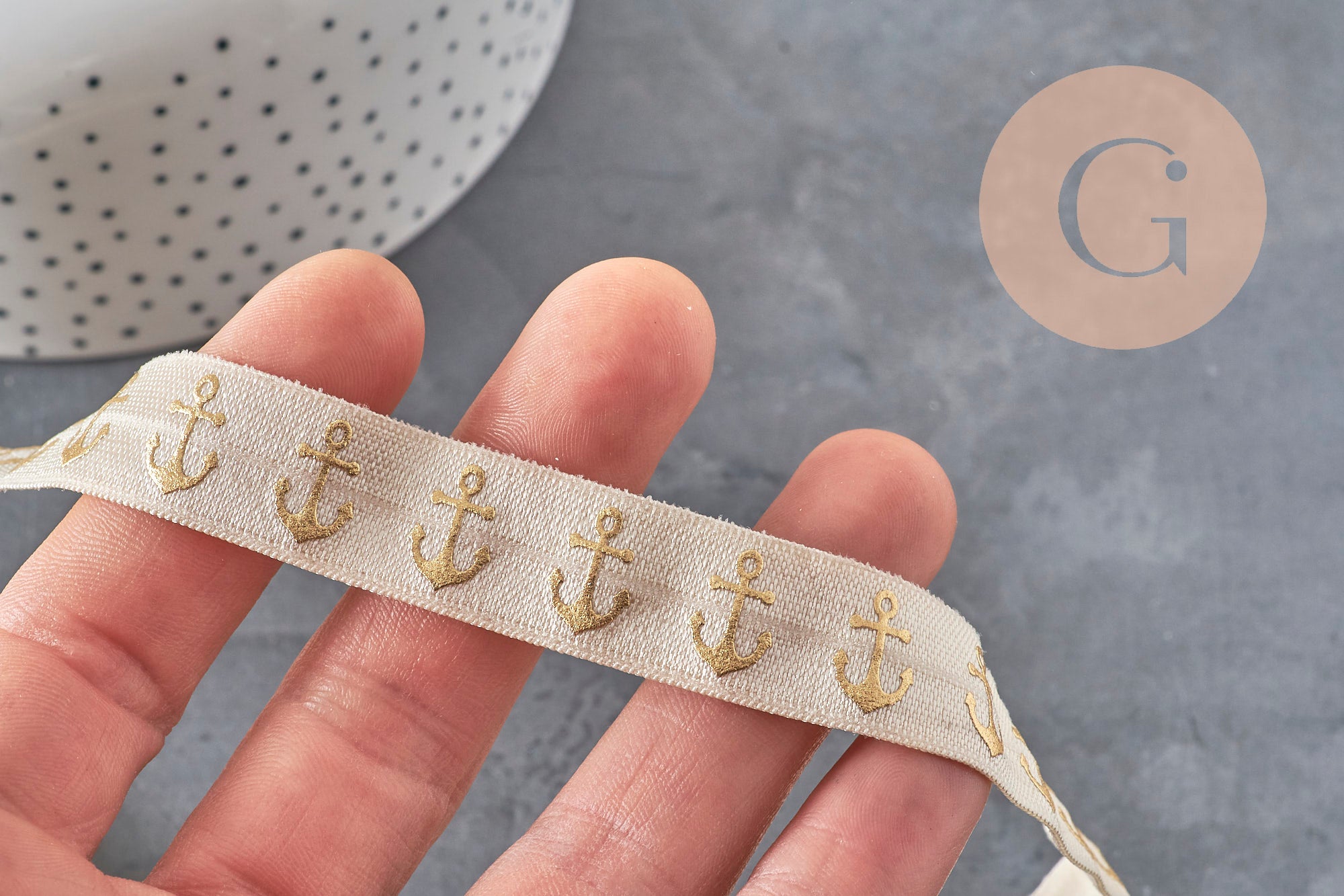 Ecru elastic ribbon with gold anchor 16mm, x1/5/10 Metres (G1849)