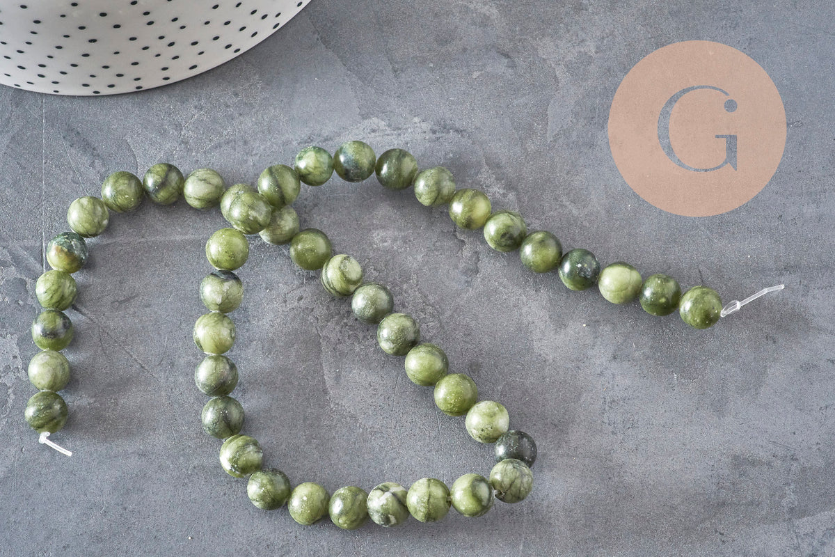 Perle jade vert olive ronde naturelle 8mm, x1 fil de 38cm (G11341)
