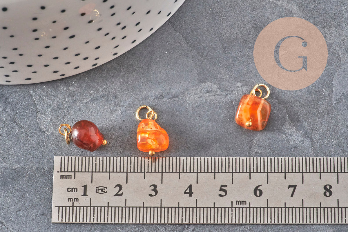 Breloque cube agate naturelle orange métal doré 18K 14.5mm, x1 (G11329)