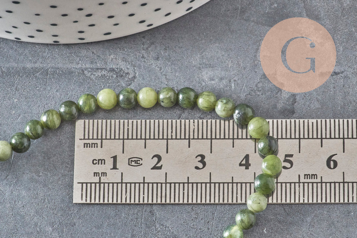 Perle jade vert olive ronde naturelle 4mm, x1 fil de 38cm (G11340)