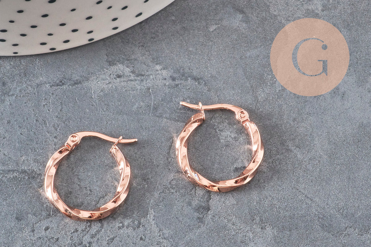 Créoles torsadées acier 304 inoxydable or rose 20mm, la paire (G11358)