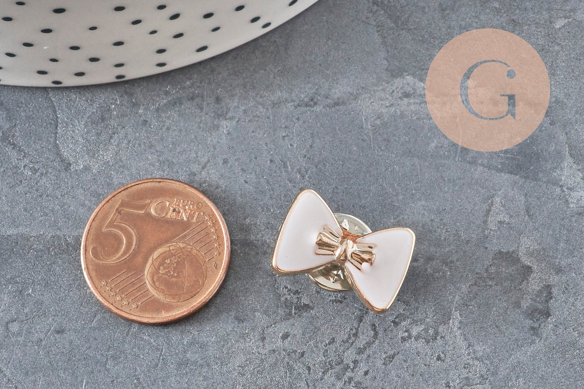 Broche pin's noeudblanc plastique & fer doré 18.5mm, x1 (G11331)