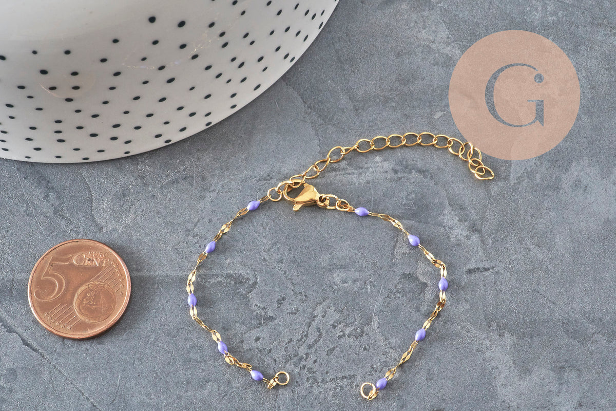 Base de bracelet réglable chaine résine violette acier 304 inoxydable doré 14.3cm, x1 (G11364)