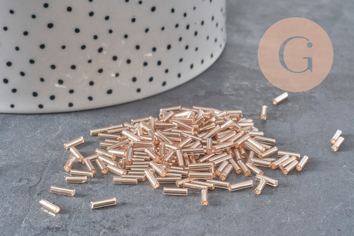 Metallic champagne pink tube seed beads 6-8mm x 1.6mm, x10gr (G2459)