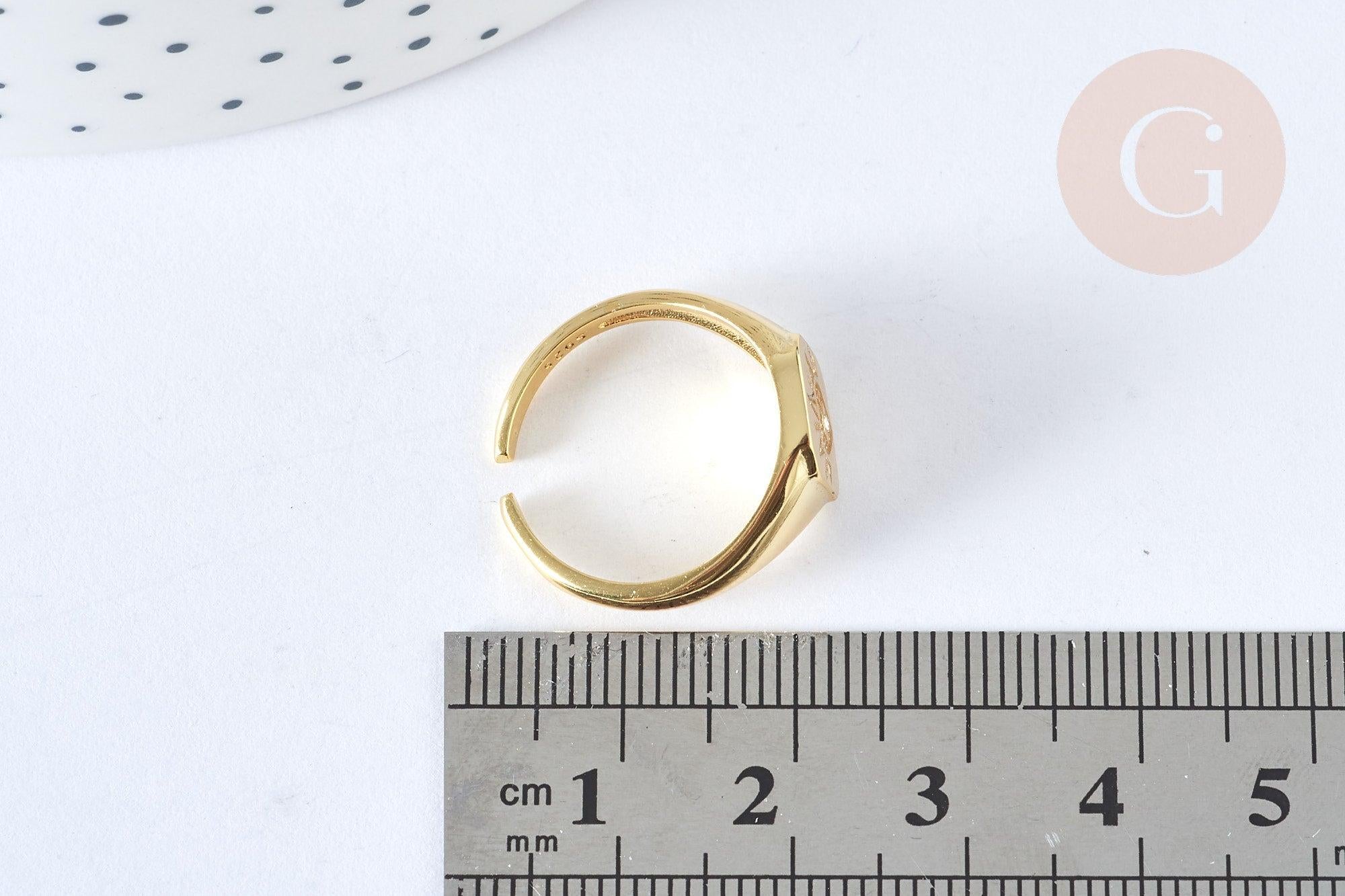 Bague chevalière coeur zircon argent massif 925 doré 24K, x1 (G7233)
