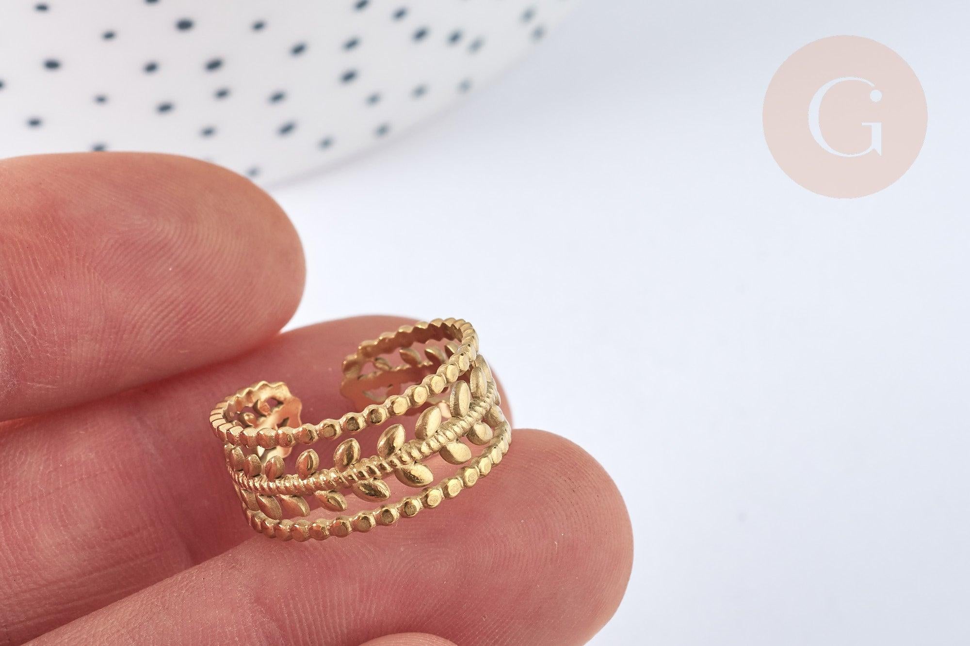 Bague réglable feuille laurier acier 304 inoxydable doré IP taille 54, x1 (G7018)