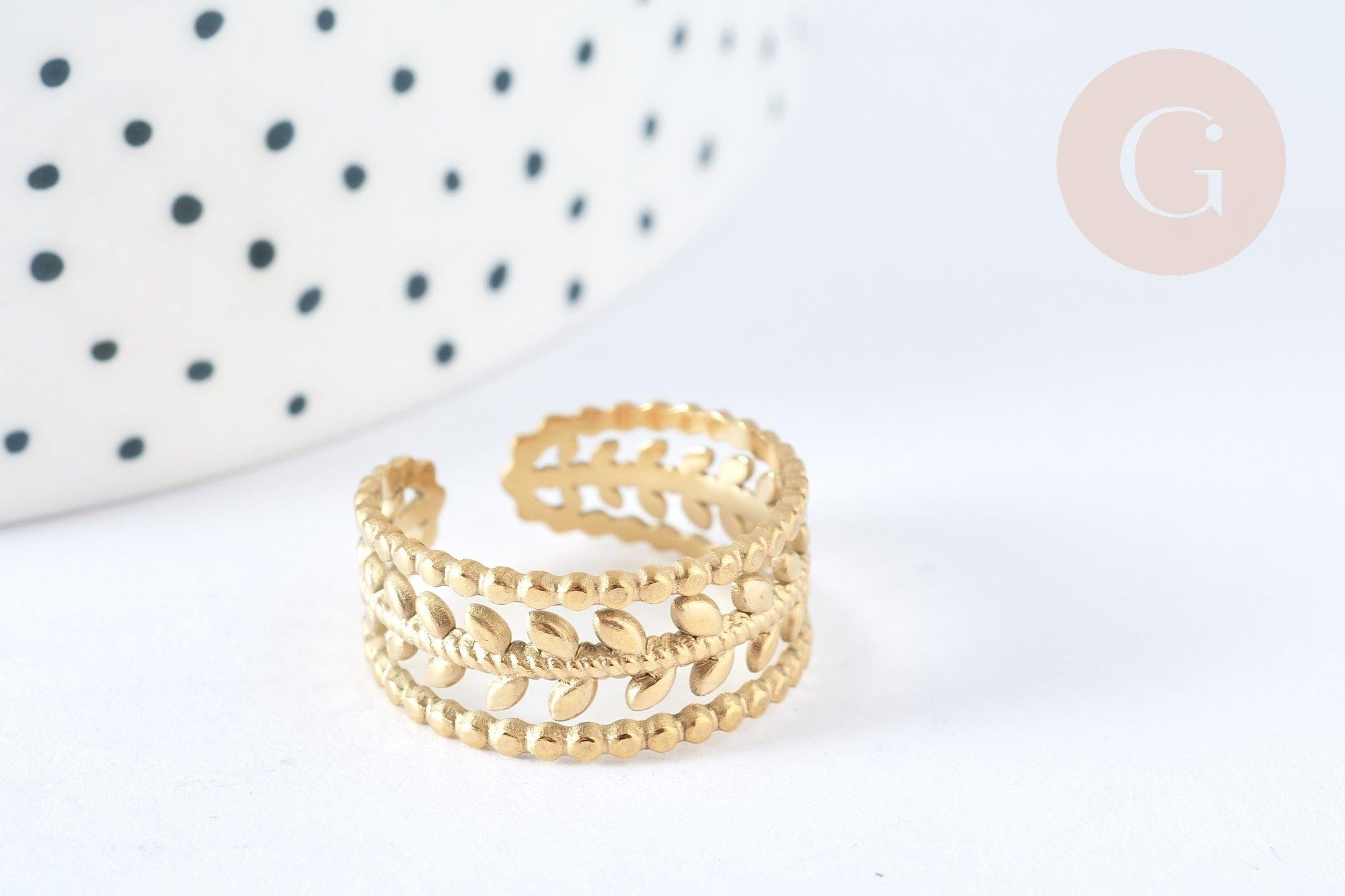 Bague réglable feuille laurier acier 304 inoxydable doré IP taille 54, x1 (G7018)