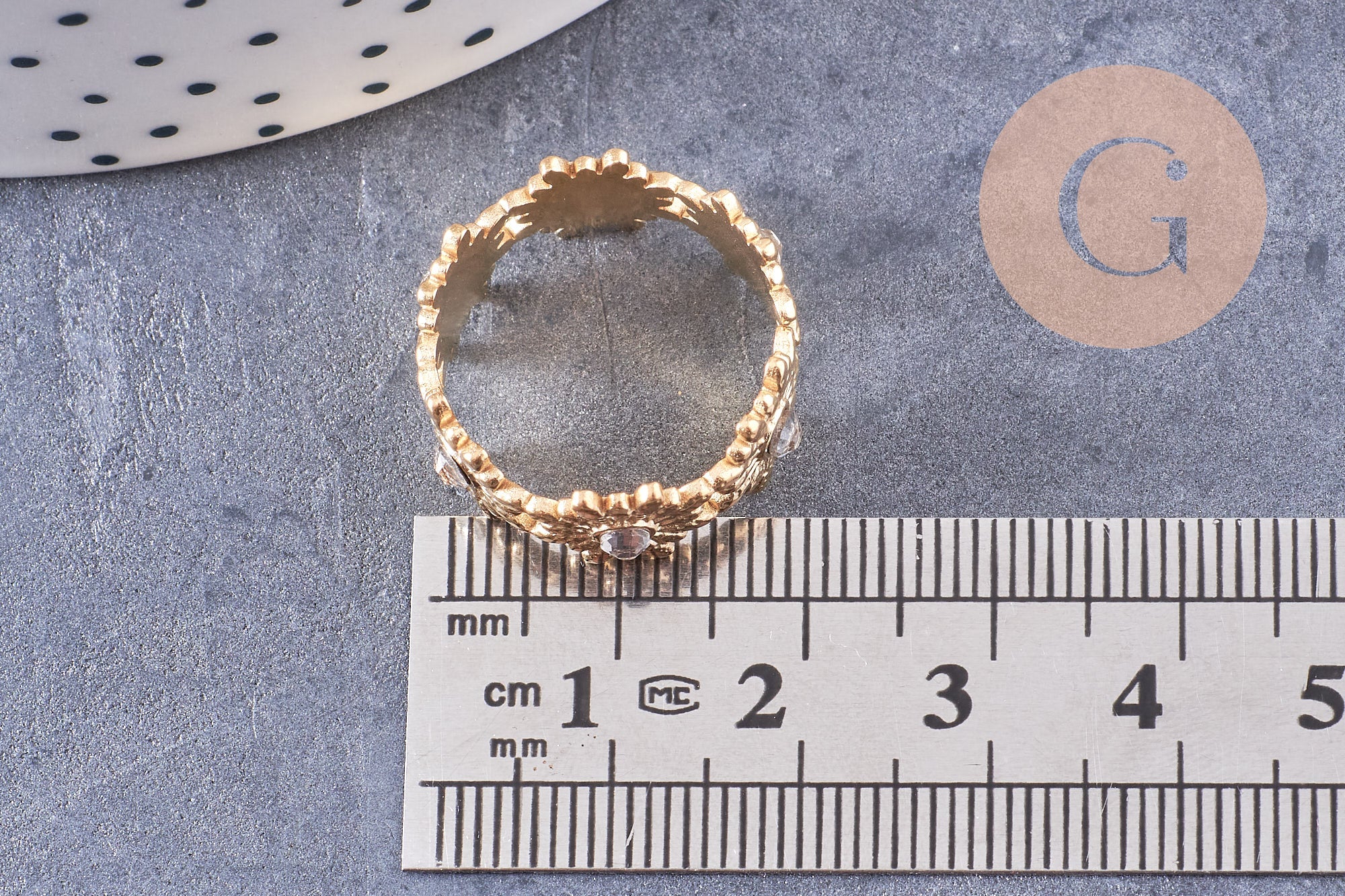 Bague réglable fleurs marguerites et zircons acier doré 304 inoxydable IP taille 54, x1 (G10692)