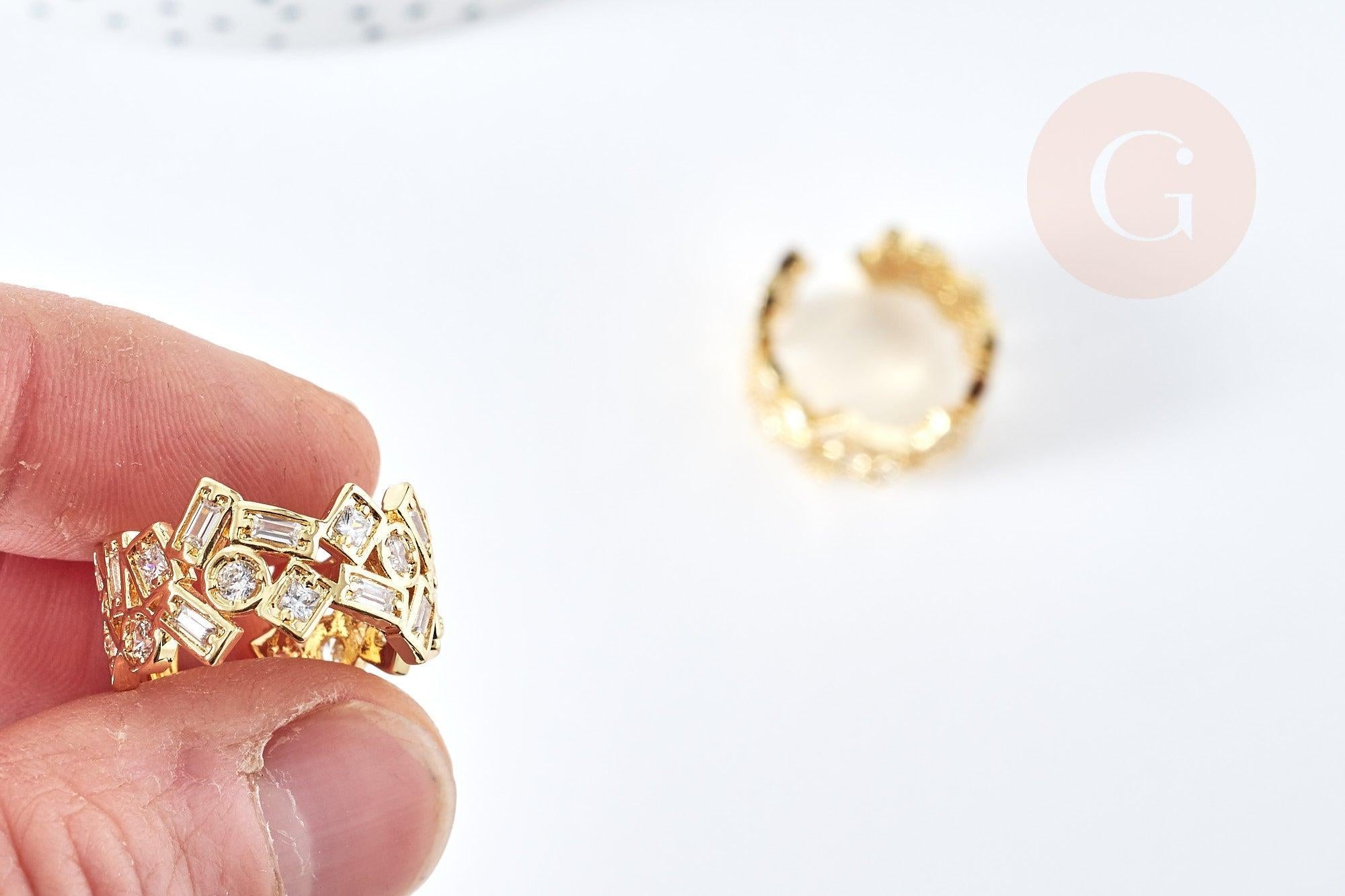 Bague réglable laiton doré géométrique zircon 18.5mm, x1 (G8349)