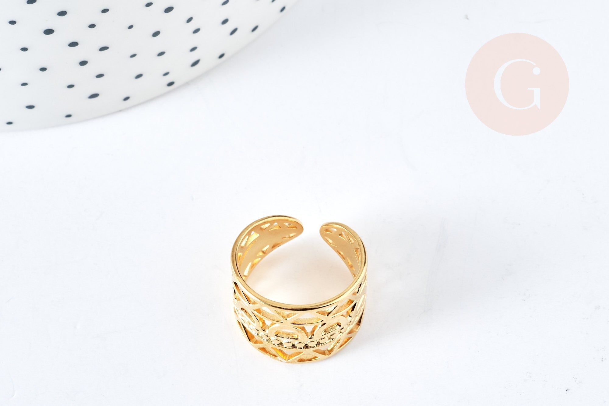 Bague réglable large ethnique acier doré 304 inoxydable IP taille 54, x1 (G8465)