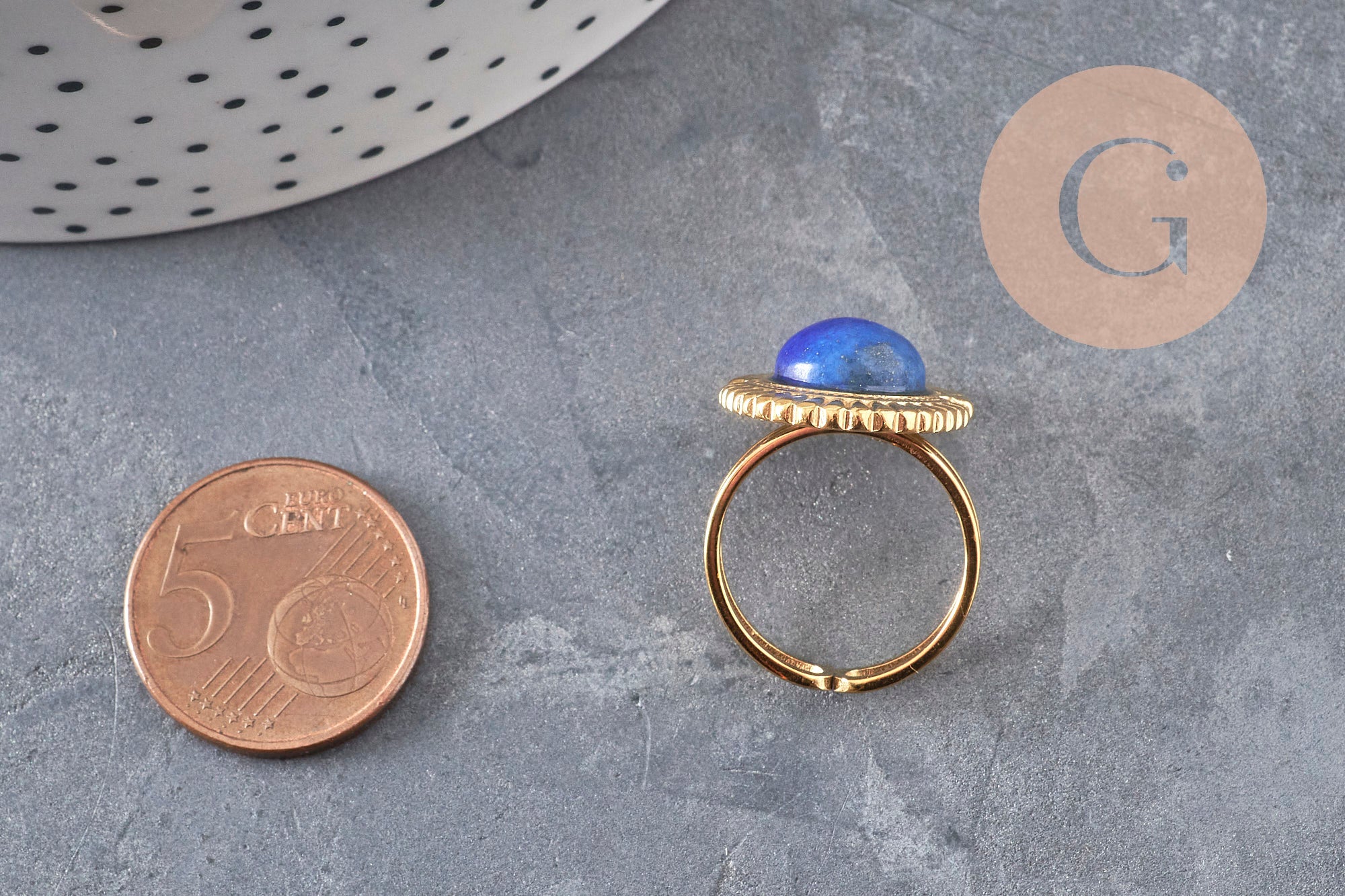 Bague réglable pierre bleue acier inoxydable doré PVD Taille 53, x1 (G11078)