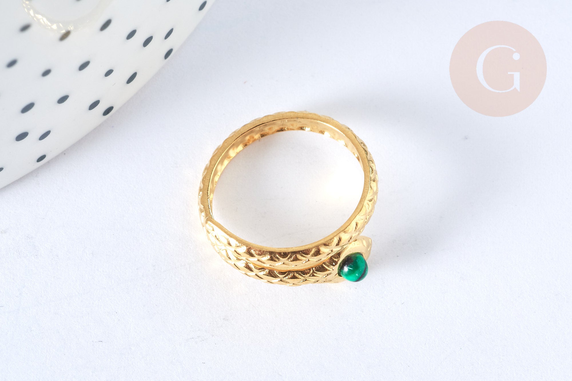 Bague réglable serpent pierre de synthèse acier inoxydable doré Taille 54, x1 (G7002)