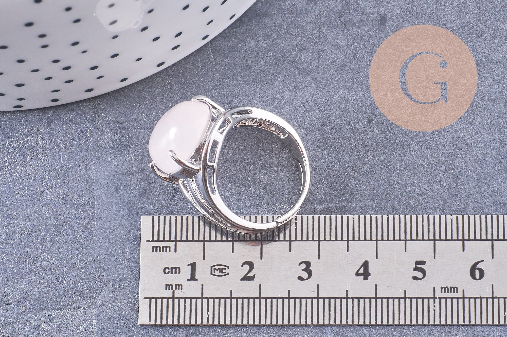 Bague réglable zamac argenté quartz rose 18mm, x1 (G5903)