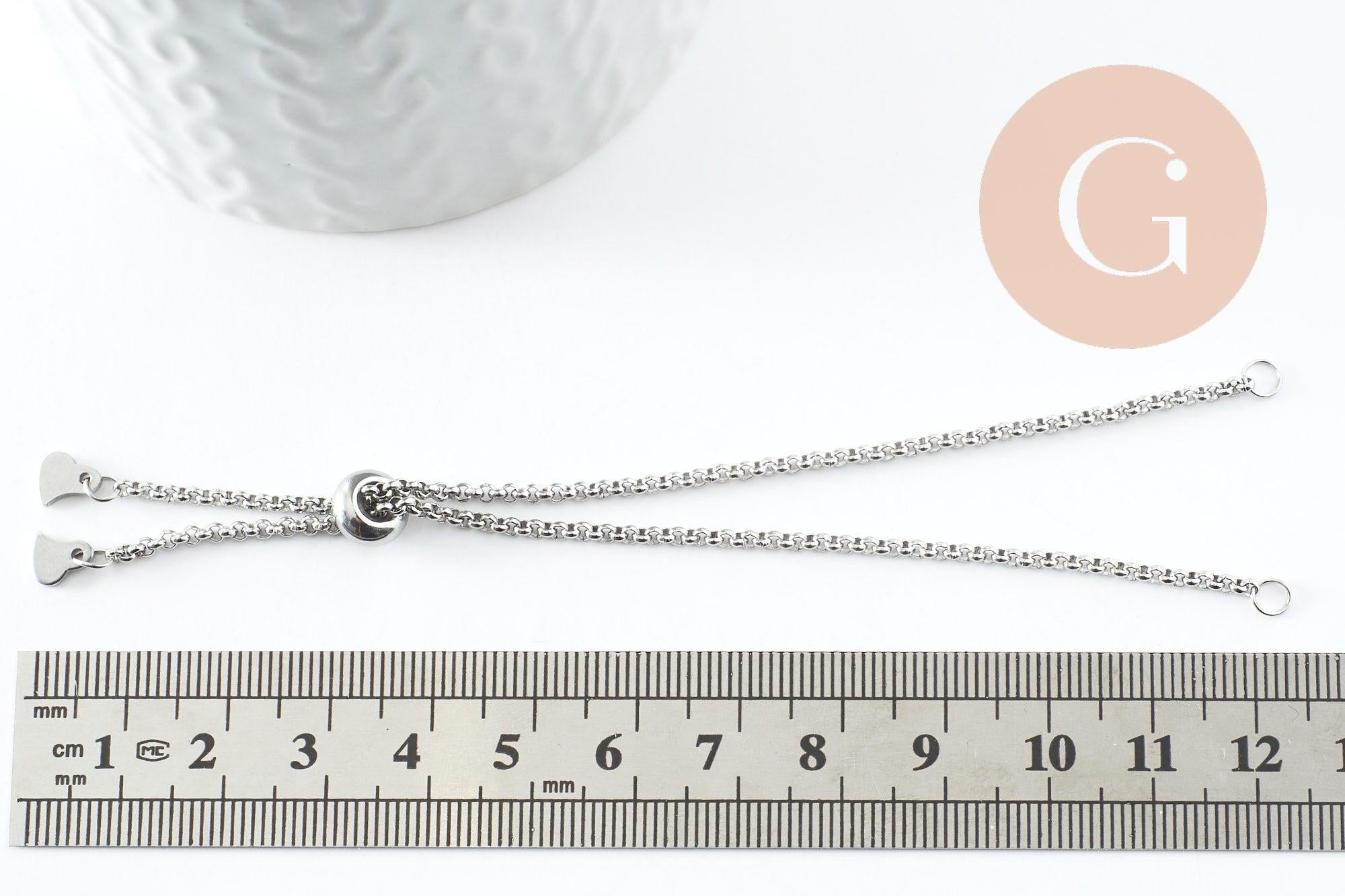 Base de bracelet chaine rolo réglable acier 304 inoxydable platine 25cm, x1 (G9496)