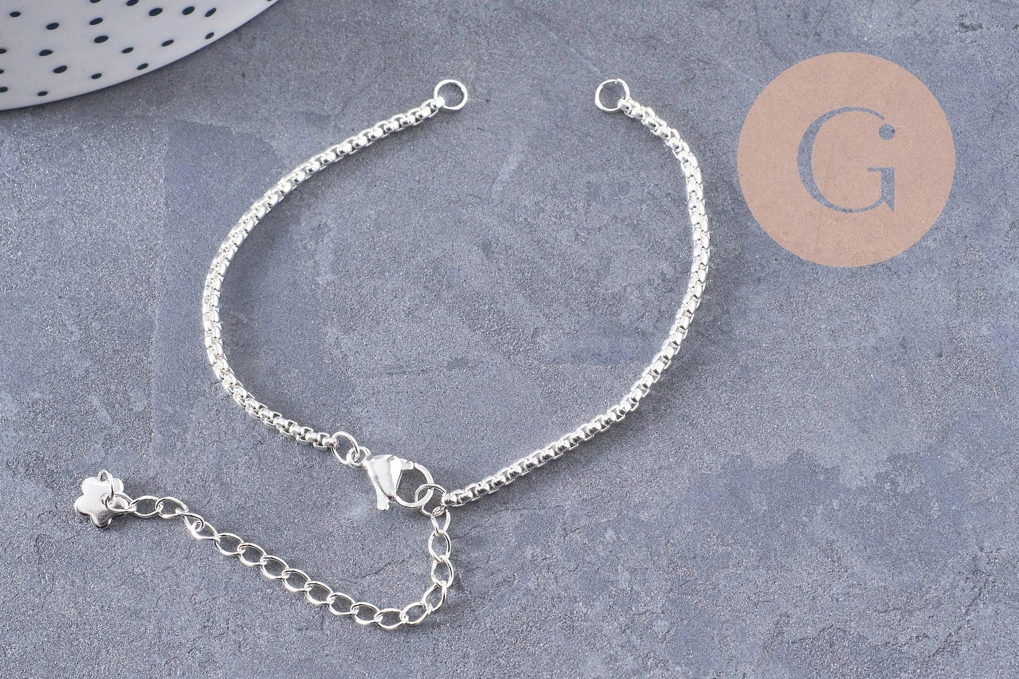 Base de bracelet chaine vénitienne acier 304 inoxydable platine 15.5cm, x1 (G9448)