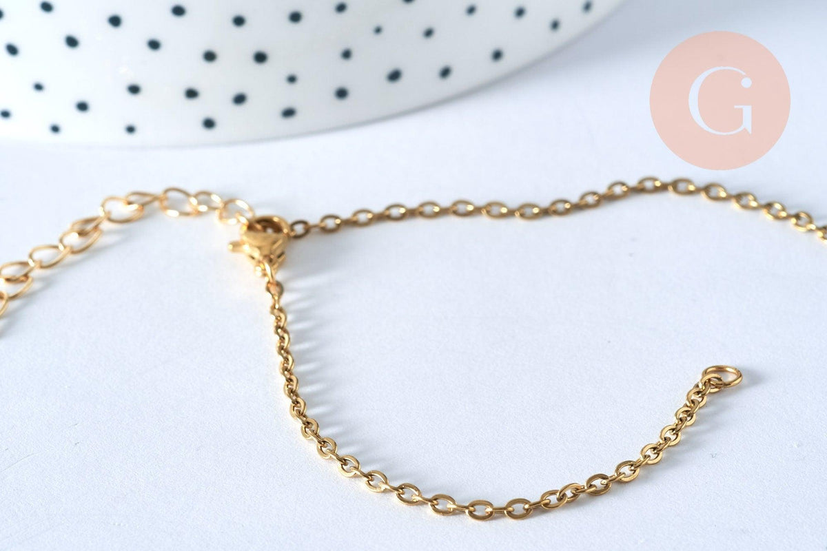 Base de bracelet fine maille acier 304 inoxydable doré 14k avec anneaux 18cm, x1 (G5436)