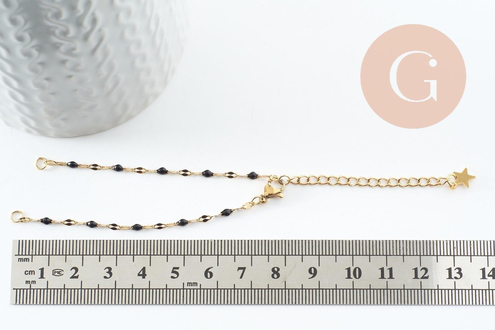 Base de bracelet réglable chaine acier 304 doré inoxydable résine noire 16.2cm, x1 (G9592)