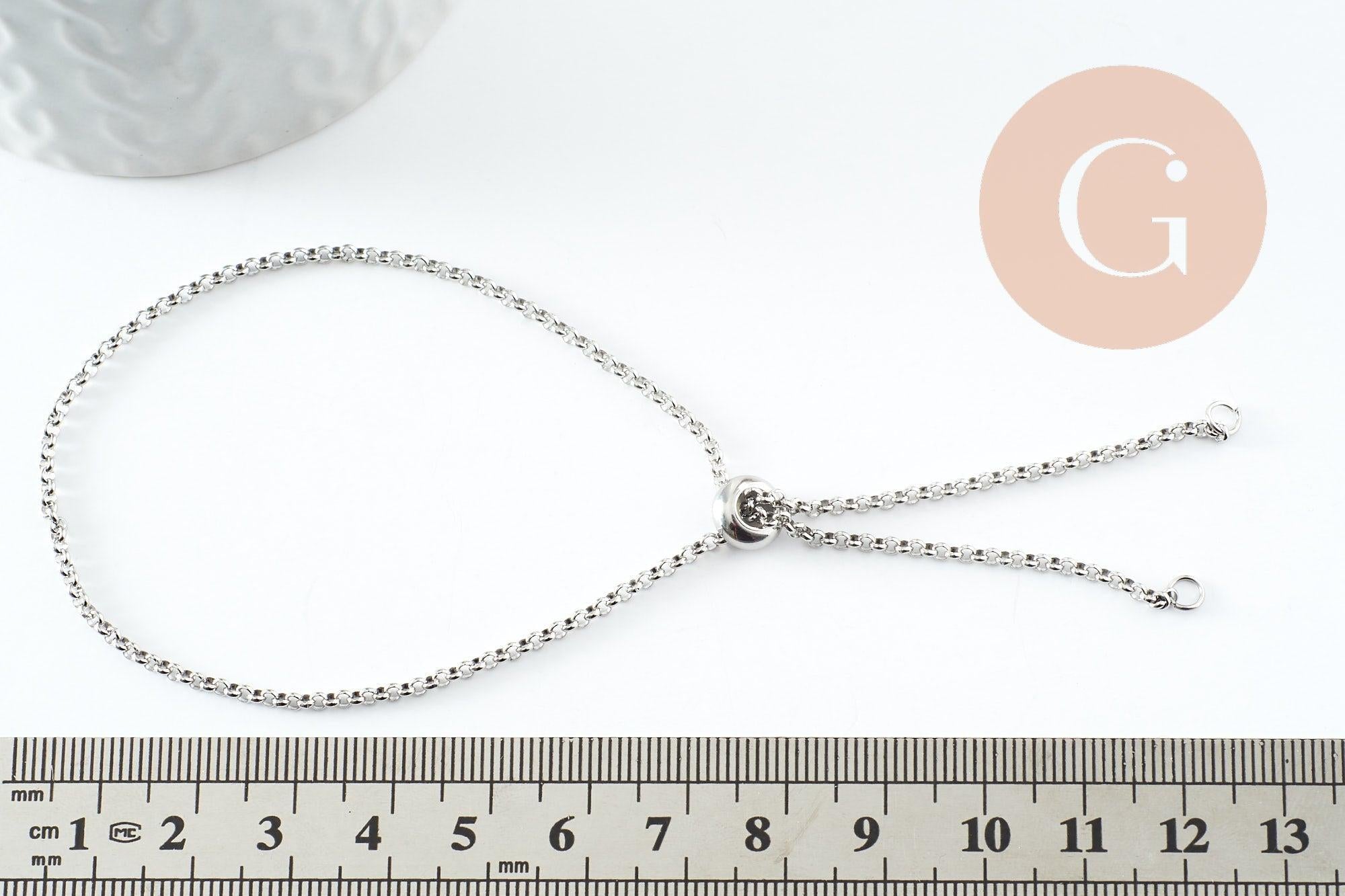 Base de bracelet réglable chaine rolo acier inoxydable platine 2mm/ 30.5cm, x1 (G9492)