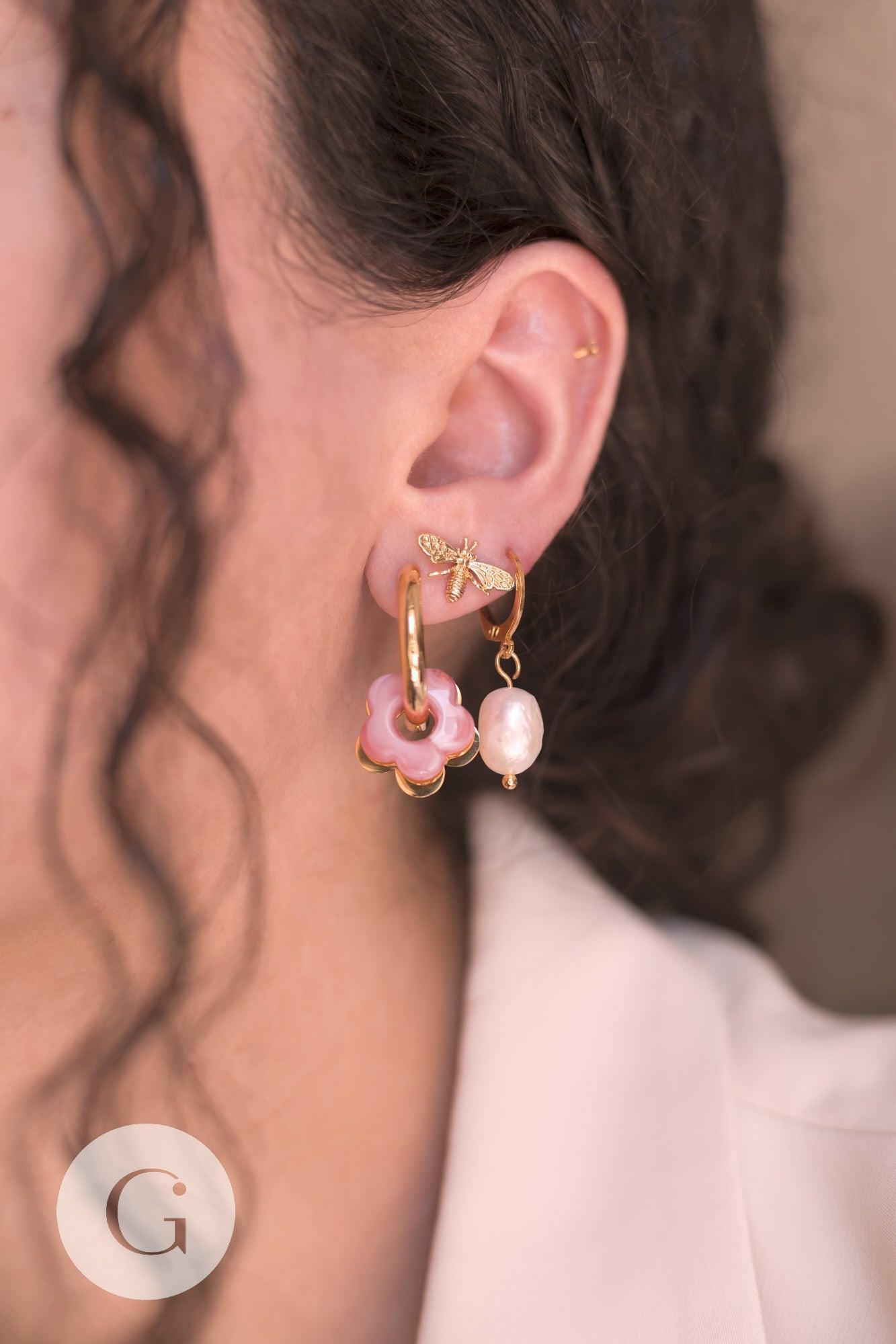 Boucles abeille doré laiton 18k tige argent 925 14mm, la paire (G2500)