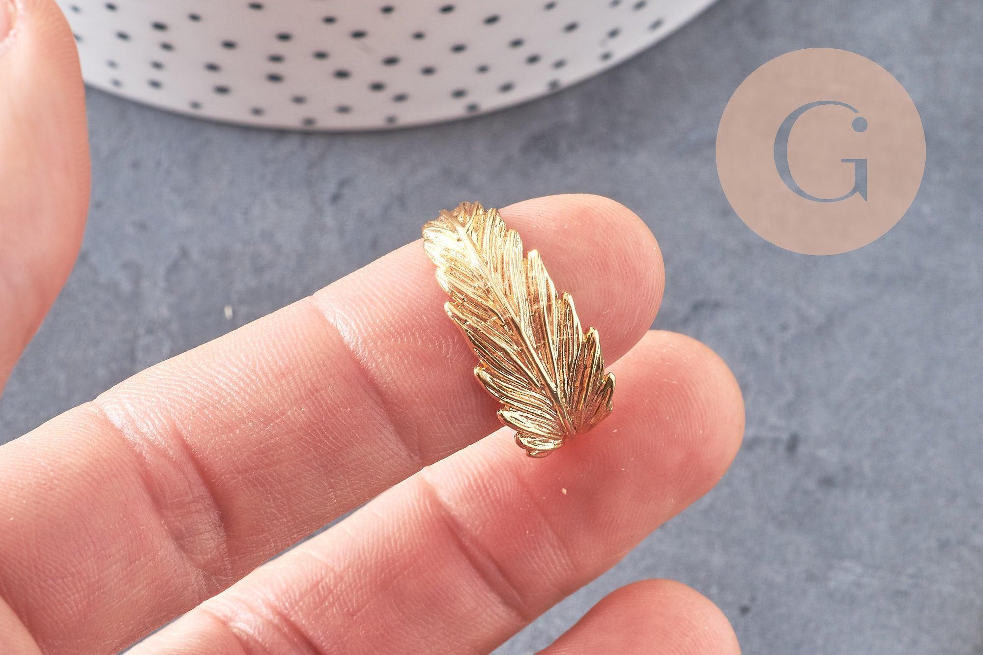 Boucles créoles feuille laiton doré 18k 24mm, la paire (G0916)