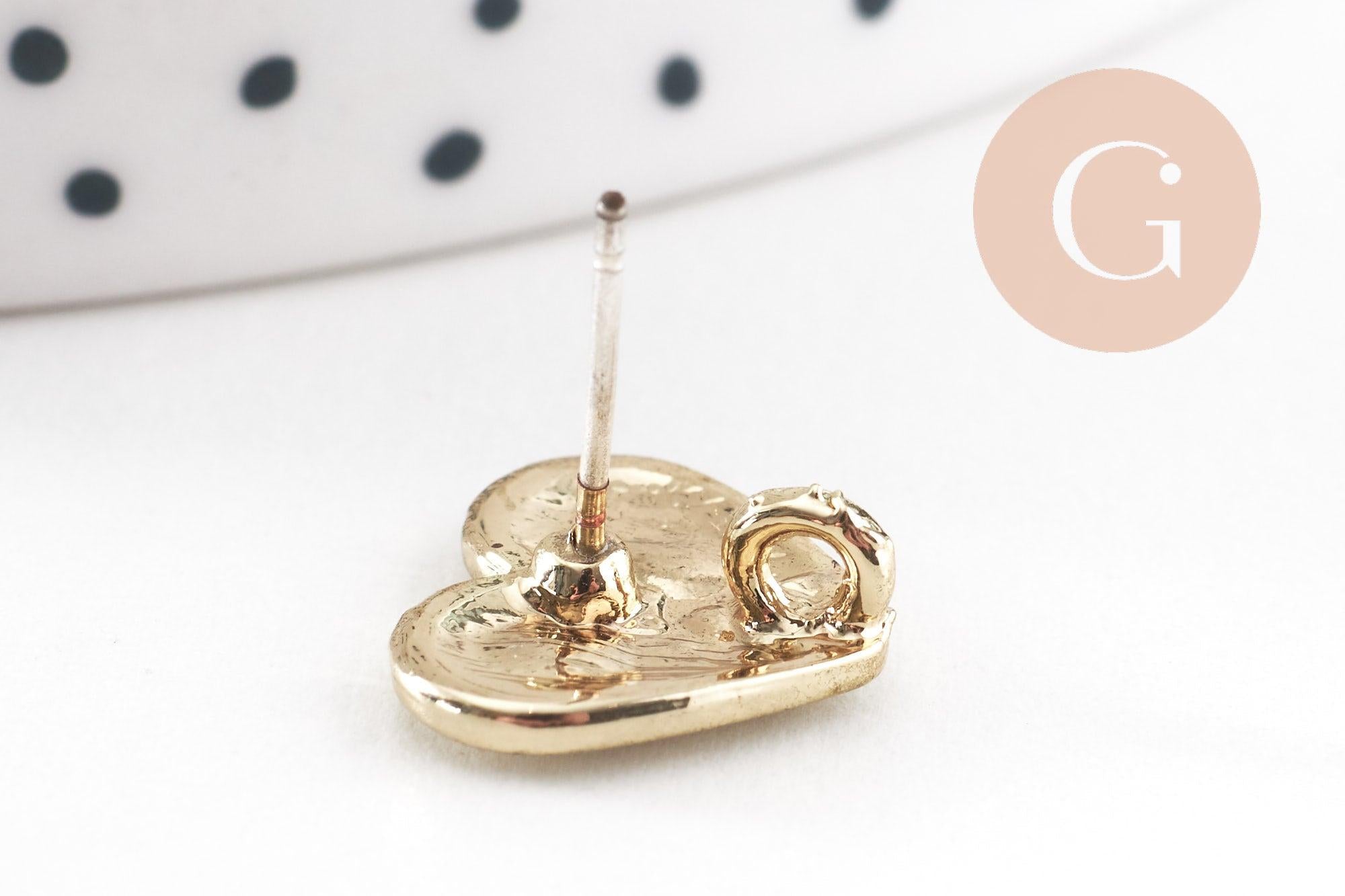 Boucles puces zamac doré coeur émail blanc à personnaliser 11.5mm, la paire (G9900)