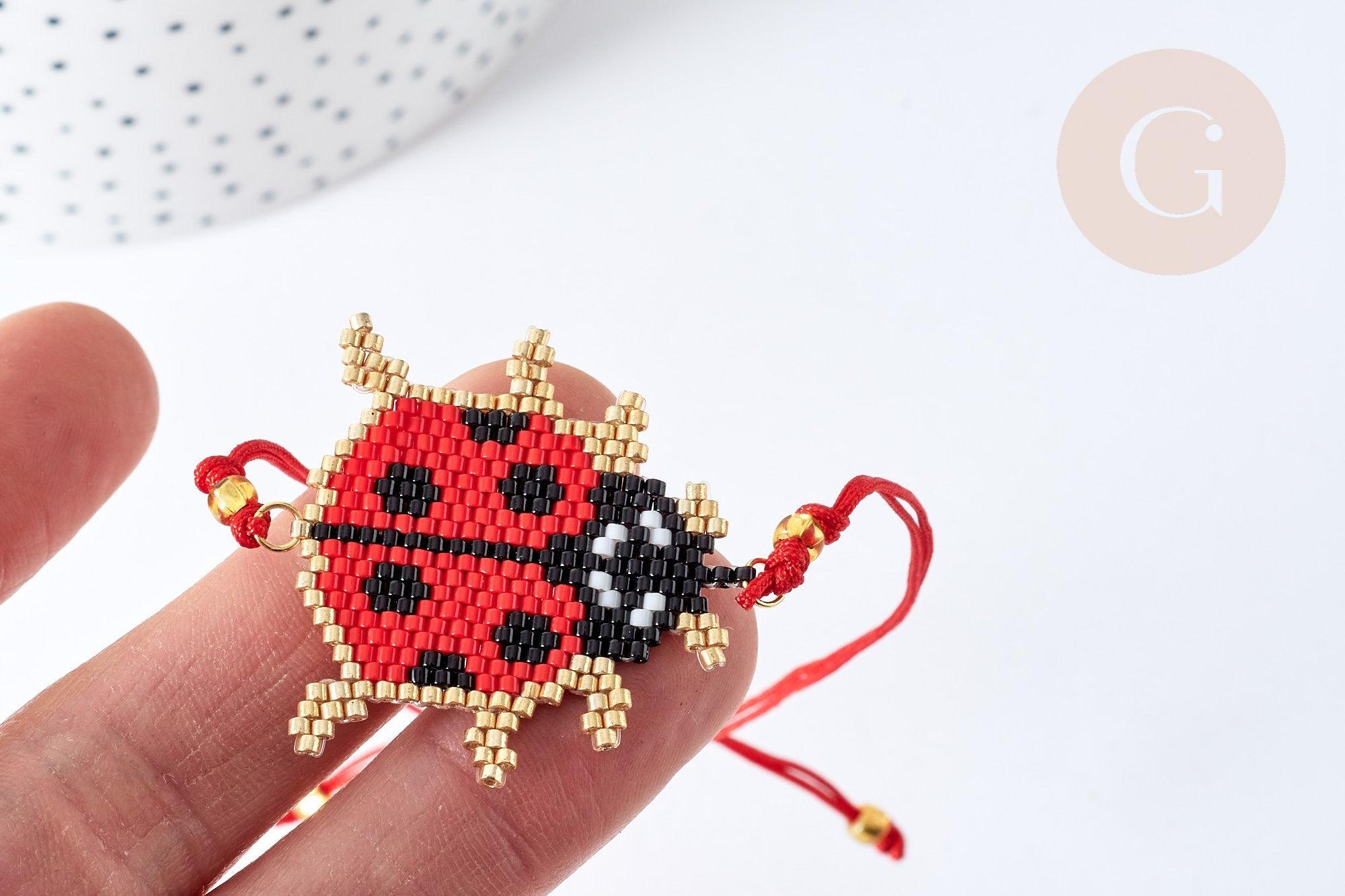 Bracelet Réglable coccinelle 28cm cordon rouge nylon perles rocailles tissées , bijou chance à offrir, bracelet amitié, x1 (G7685)