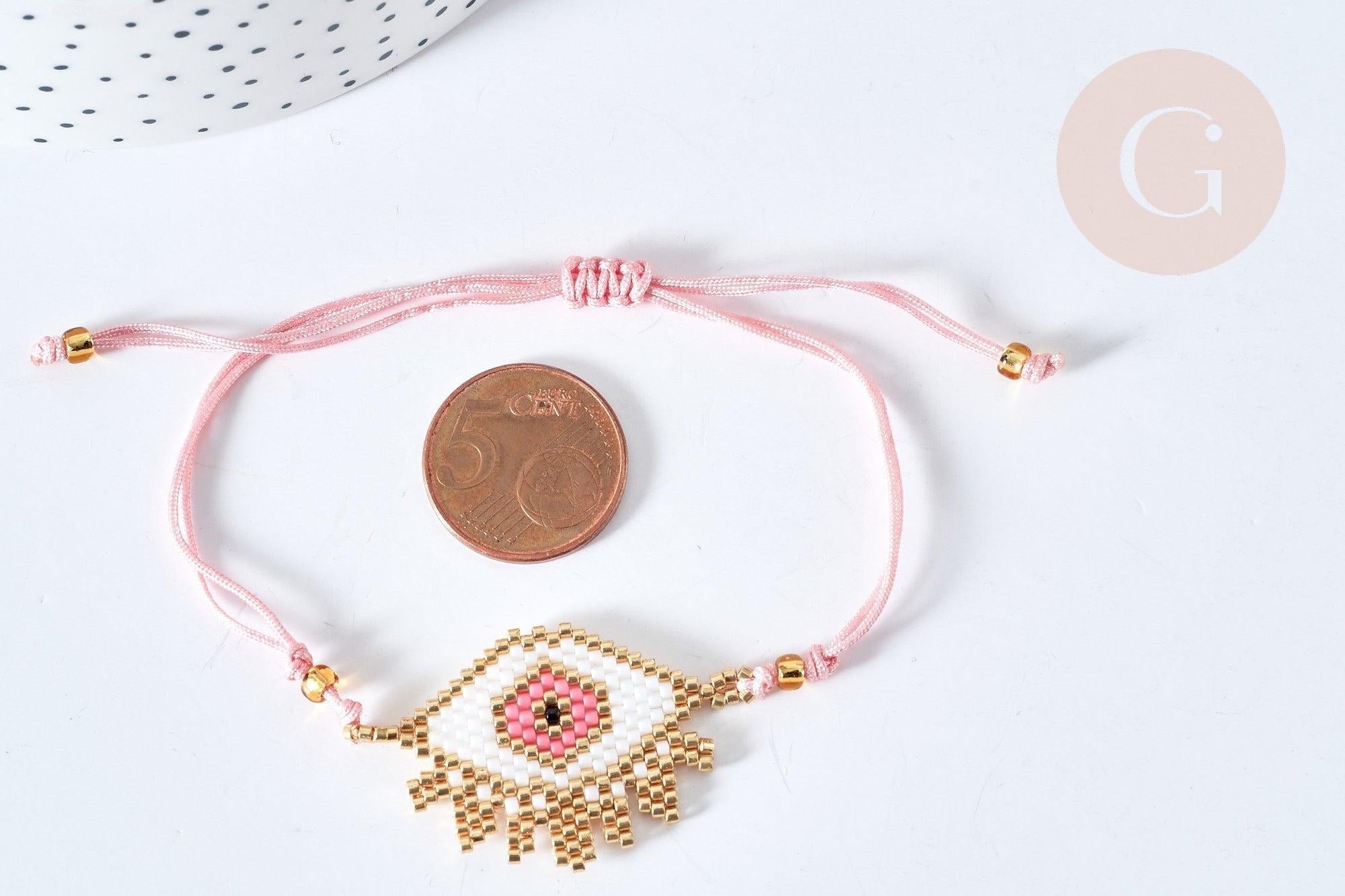 Bracelet Réglable losange mauvais œil rose or 28cm cordon nylon perles rocailles tissées , x1 (G7691)