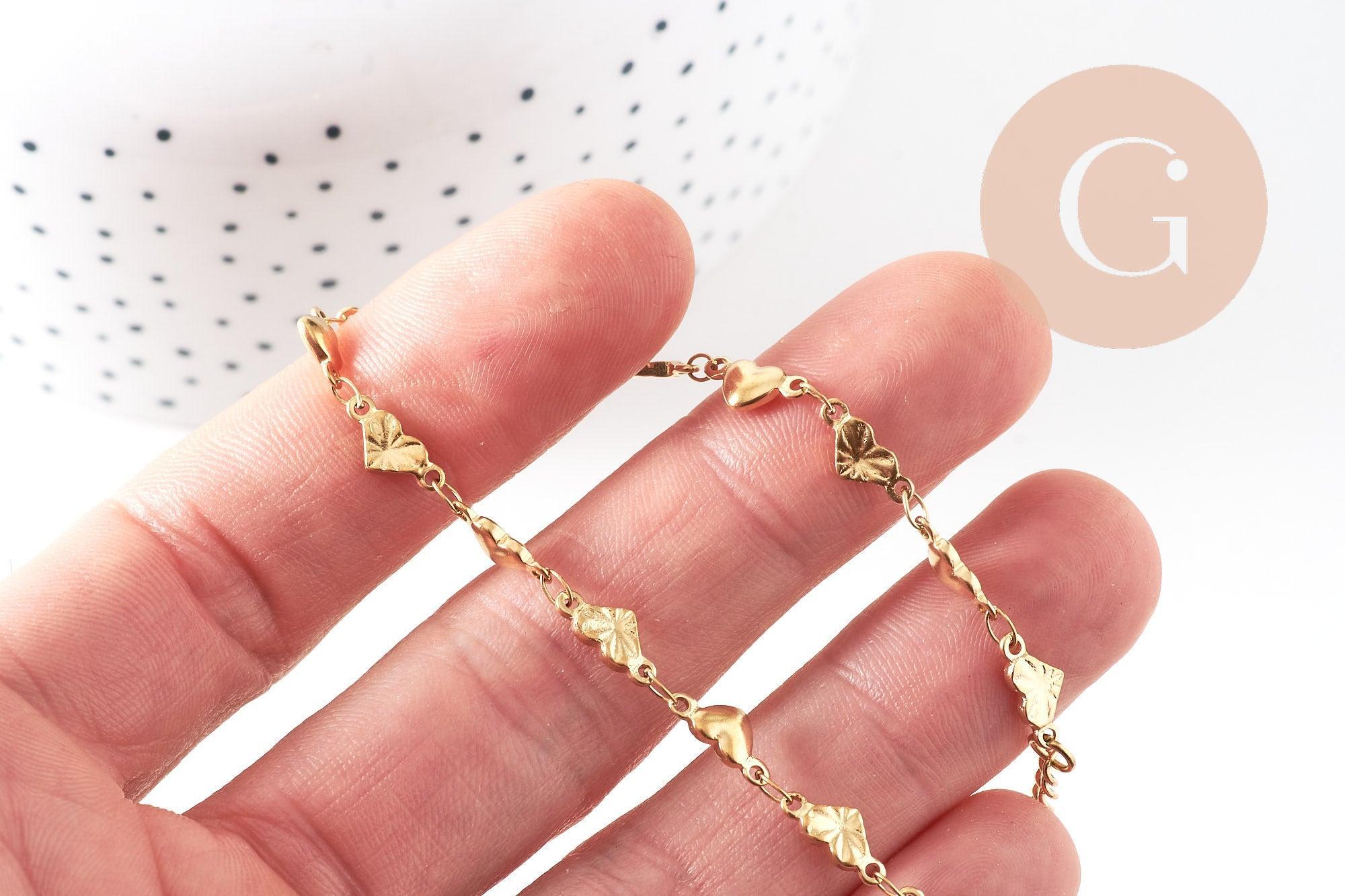 Bracelet acier doré 14k cœur 21cm, x1 (G5346)