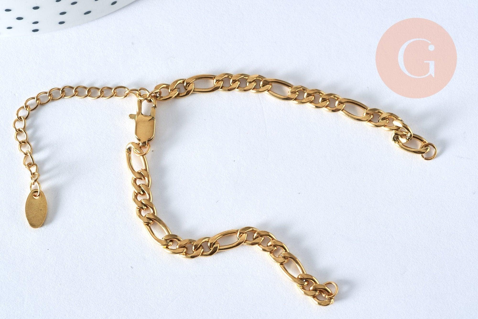 Bracelet ajustable maille figaro or acier 14k 16.1cm, x1 (G5965)