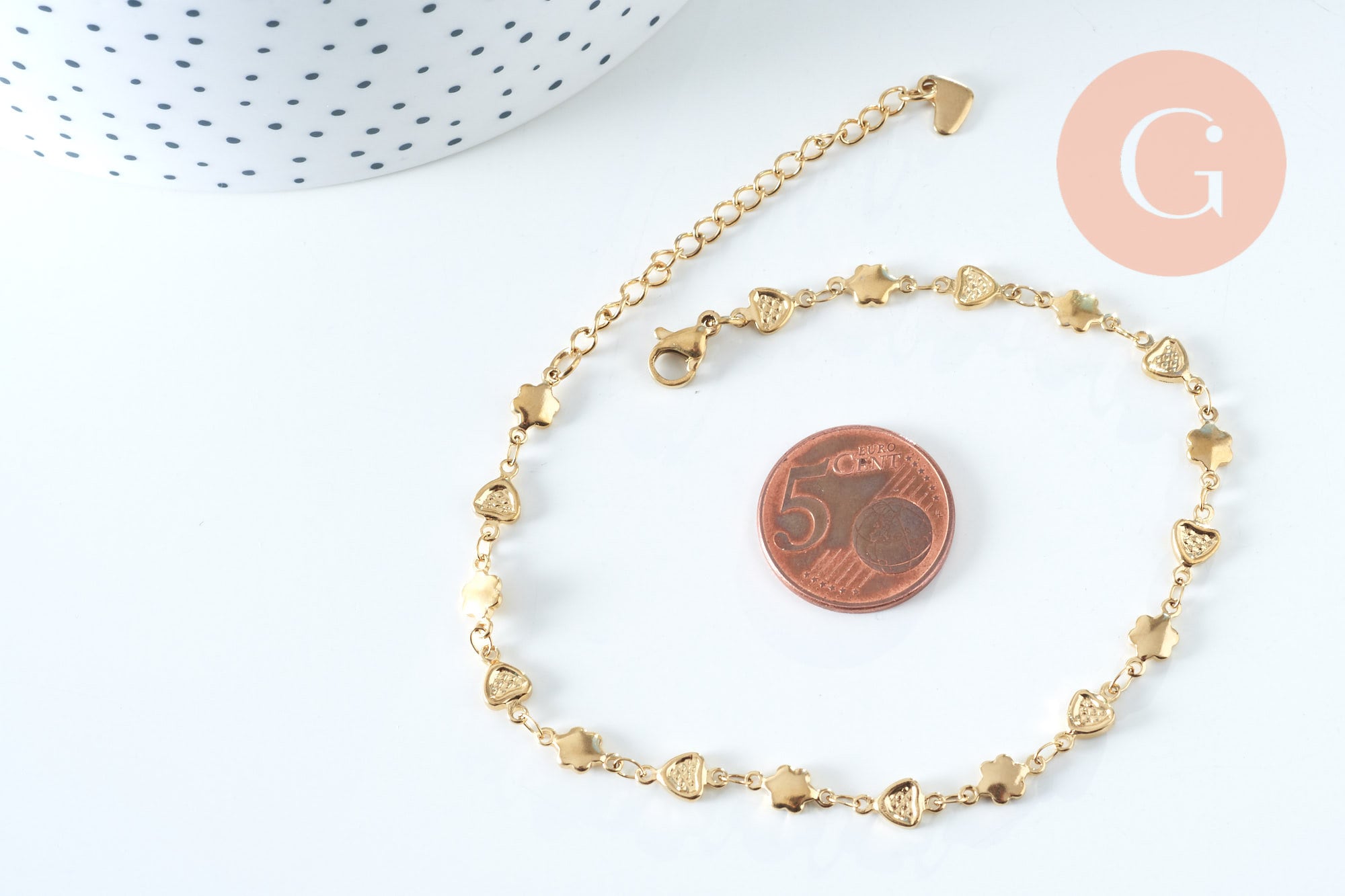 Bracelet cœur & fleur réglable acier doré 14k, 21cm, x1 (G6233)