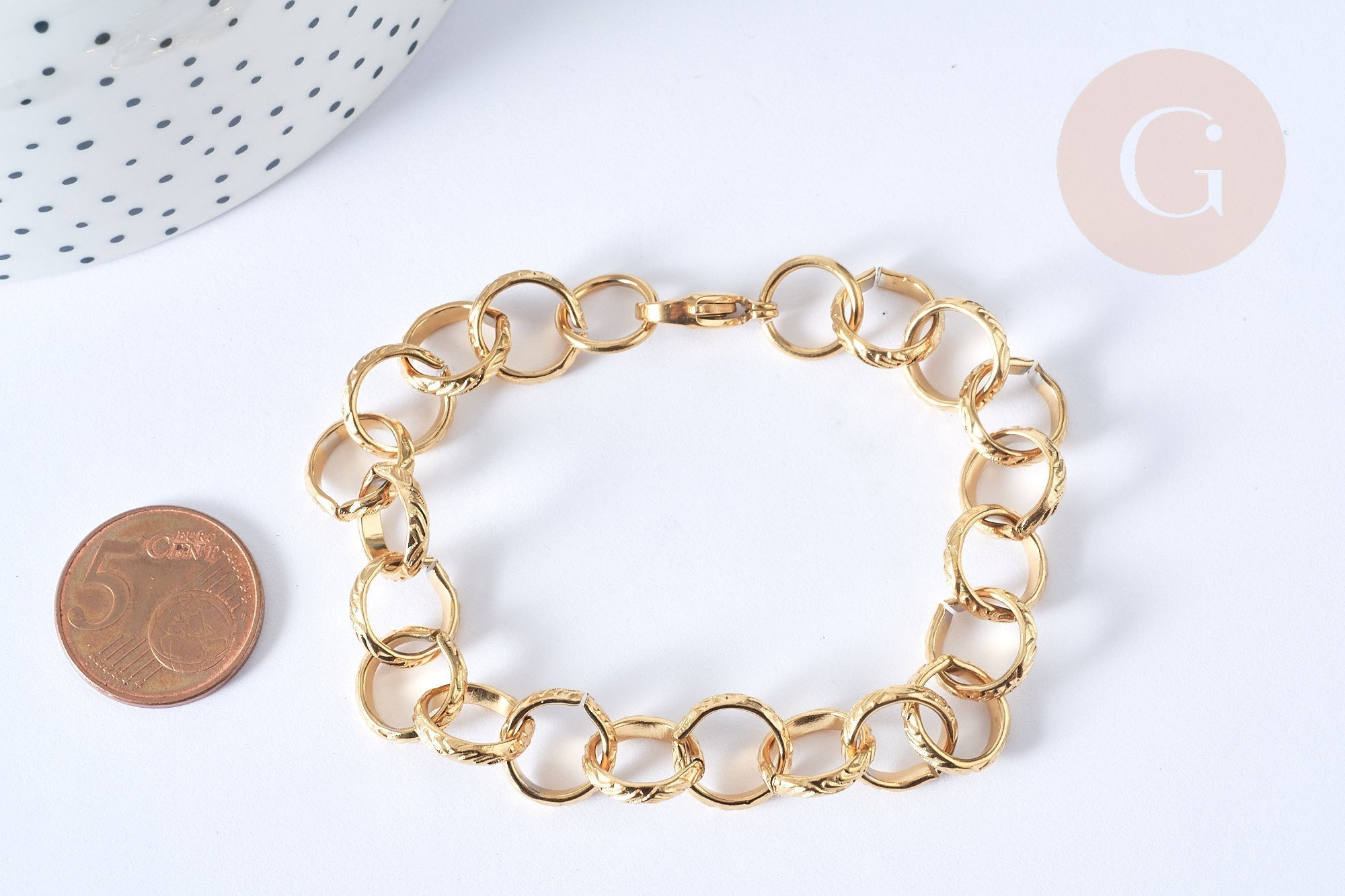 Bracelet grosse maille ronde acier 304 inoxydable doré IP 21.3cm, x1 (G7801)