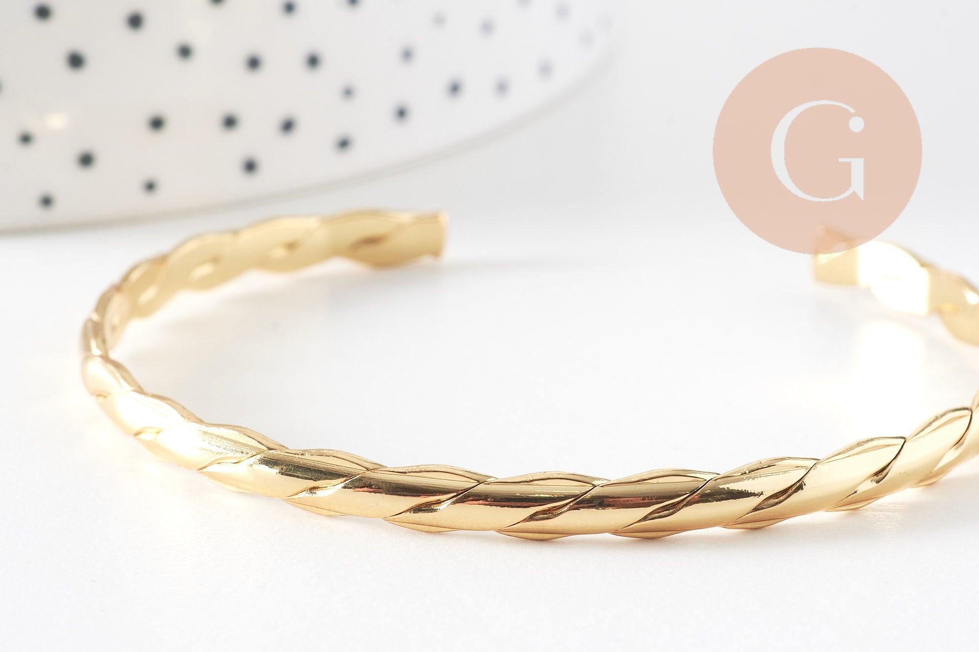 Bracelet jonc réglable laiton doré tresse 14k 50mm, x1 (G0478)