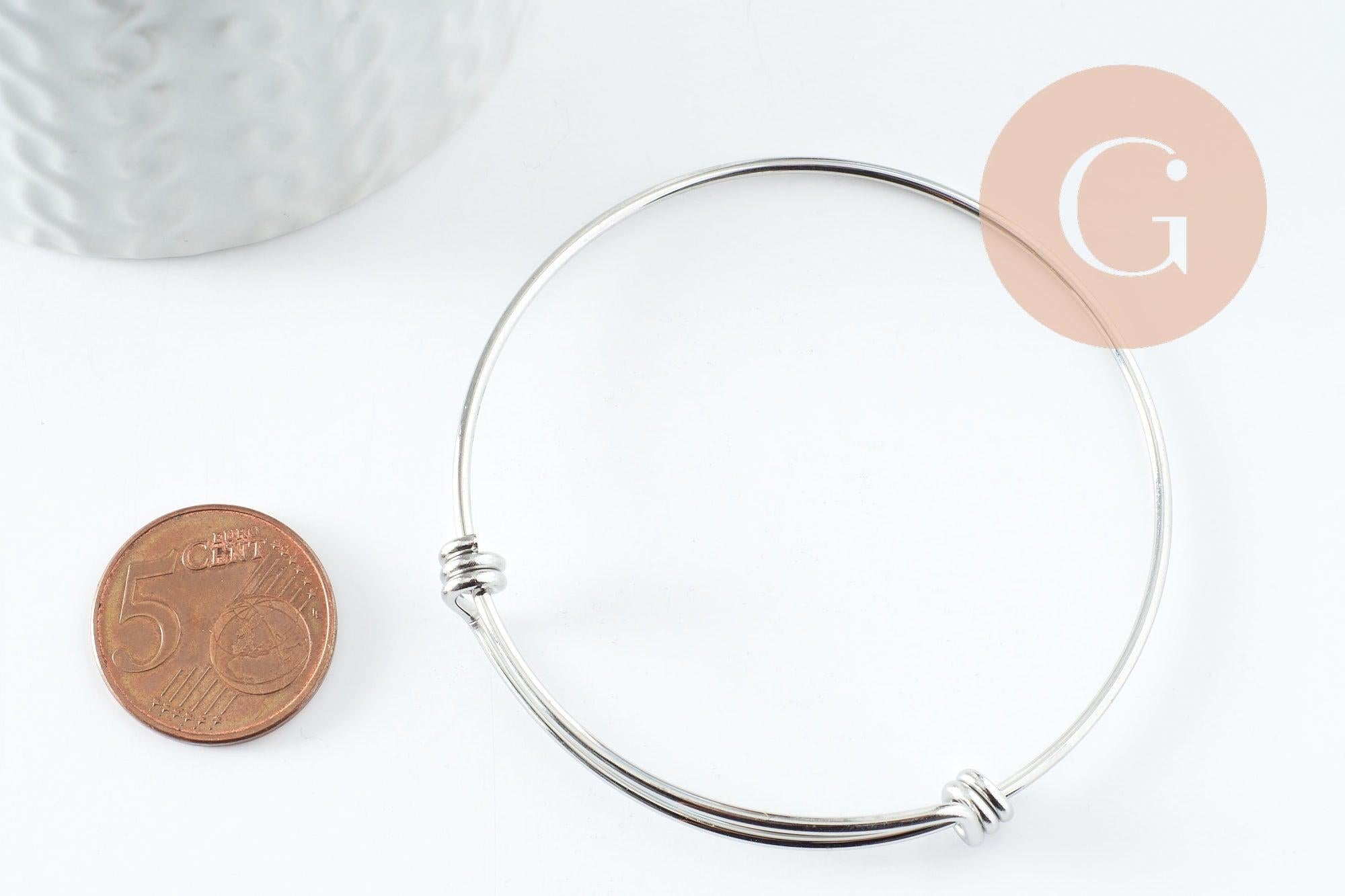 Bracelet jonc réglable lisse rond 1.6mm acier 316 inoxydable platine 60-68mm, x1 (G9417)