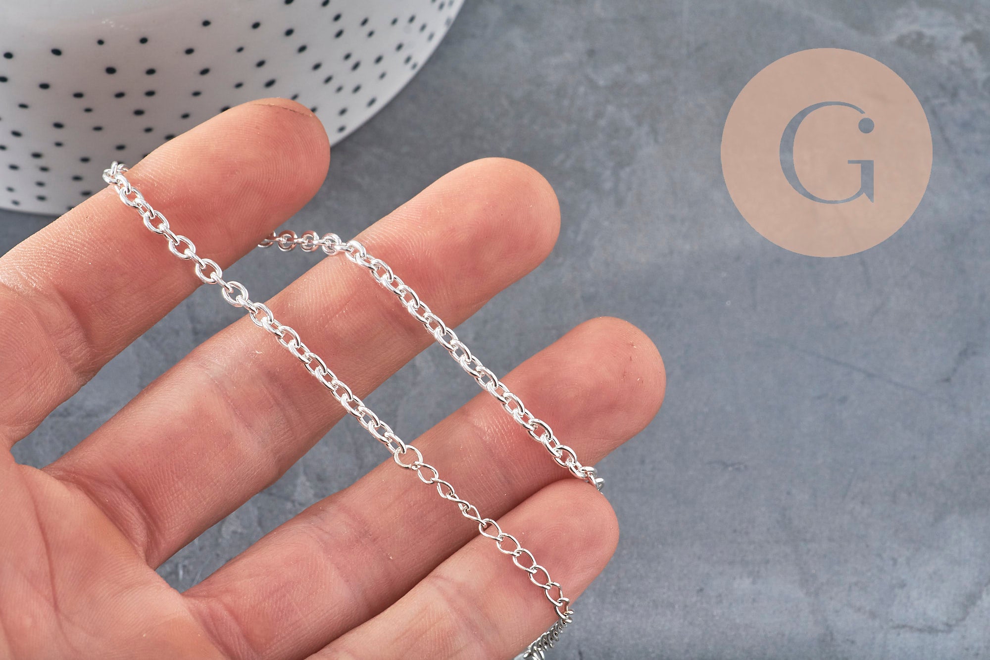 304 Stainless steel rhodium plated curb chain bracelet 4mm/18.5cm, x1 (G11204)