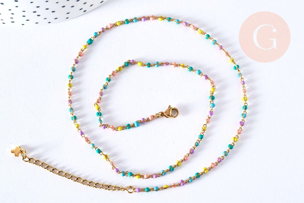 Bracelet ou collier acier 304 inoxydable doré 14k résine multicolore 2-3mm/19cm, x1 (G3774)