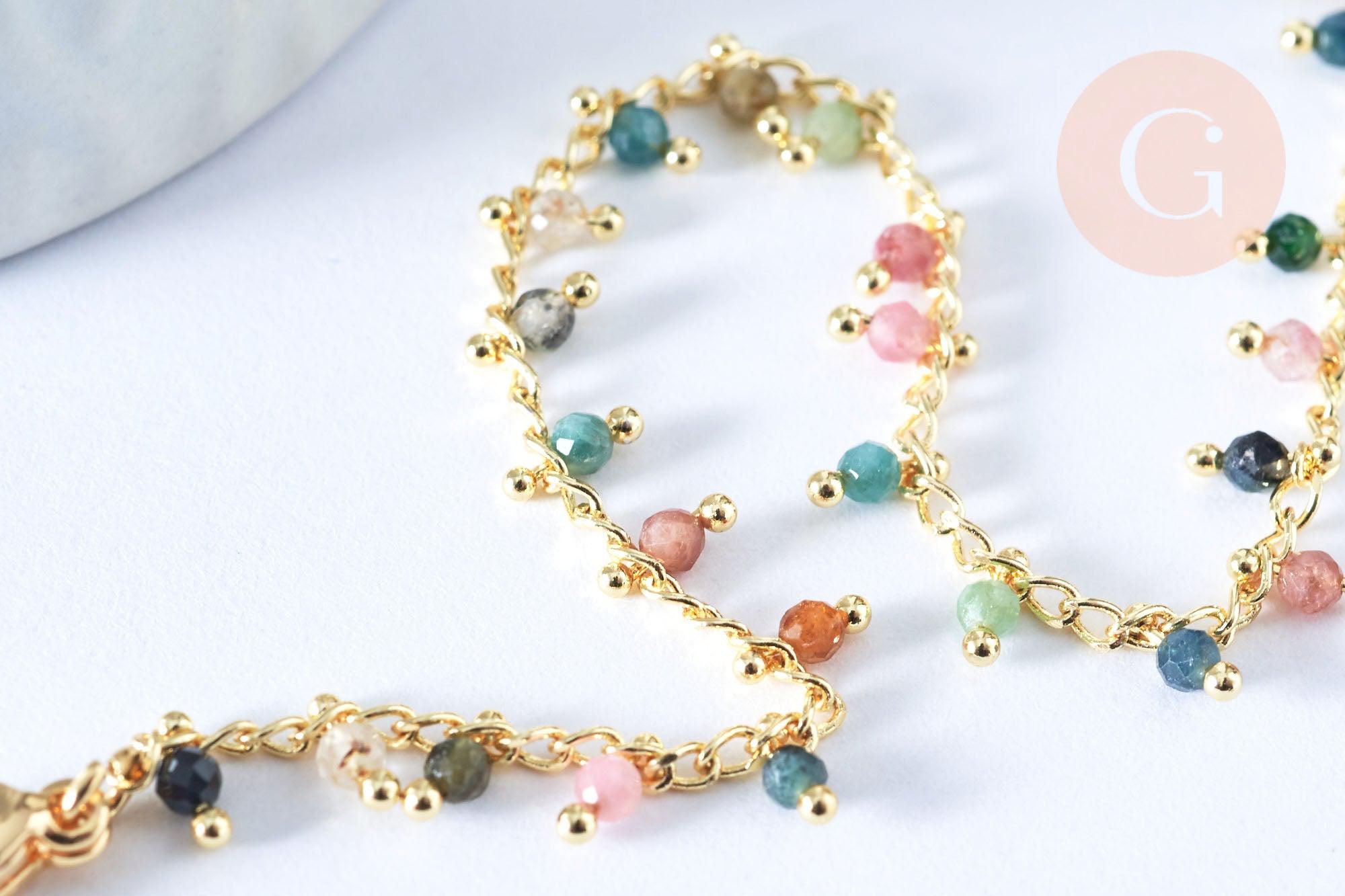 Bracelet réglable perles tourmaline laiton doré 19cm, x1 (G6978)