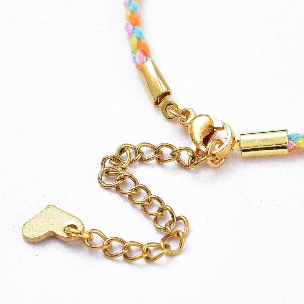 Bracelet tressé coton jaune bleu acier doré 14k 20.5cm, x1 (G6221)